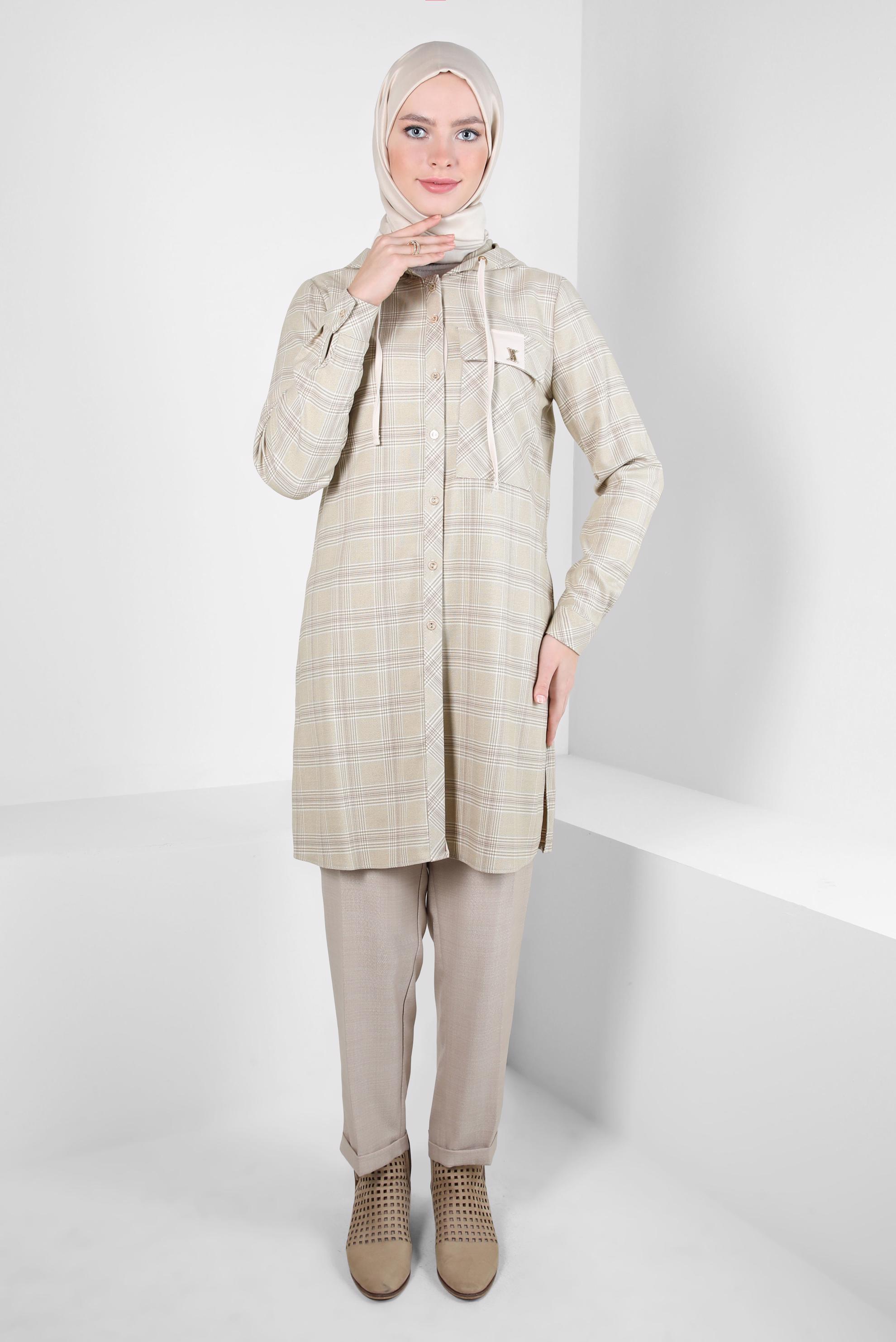 Tesettür giyim KAHVE KAPÜŞONLU TUNİK 44247-2