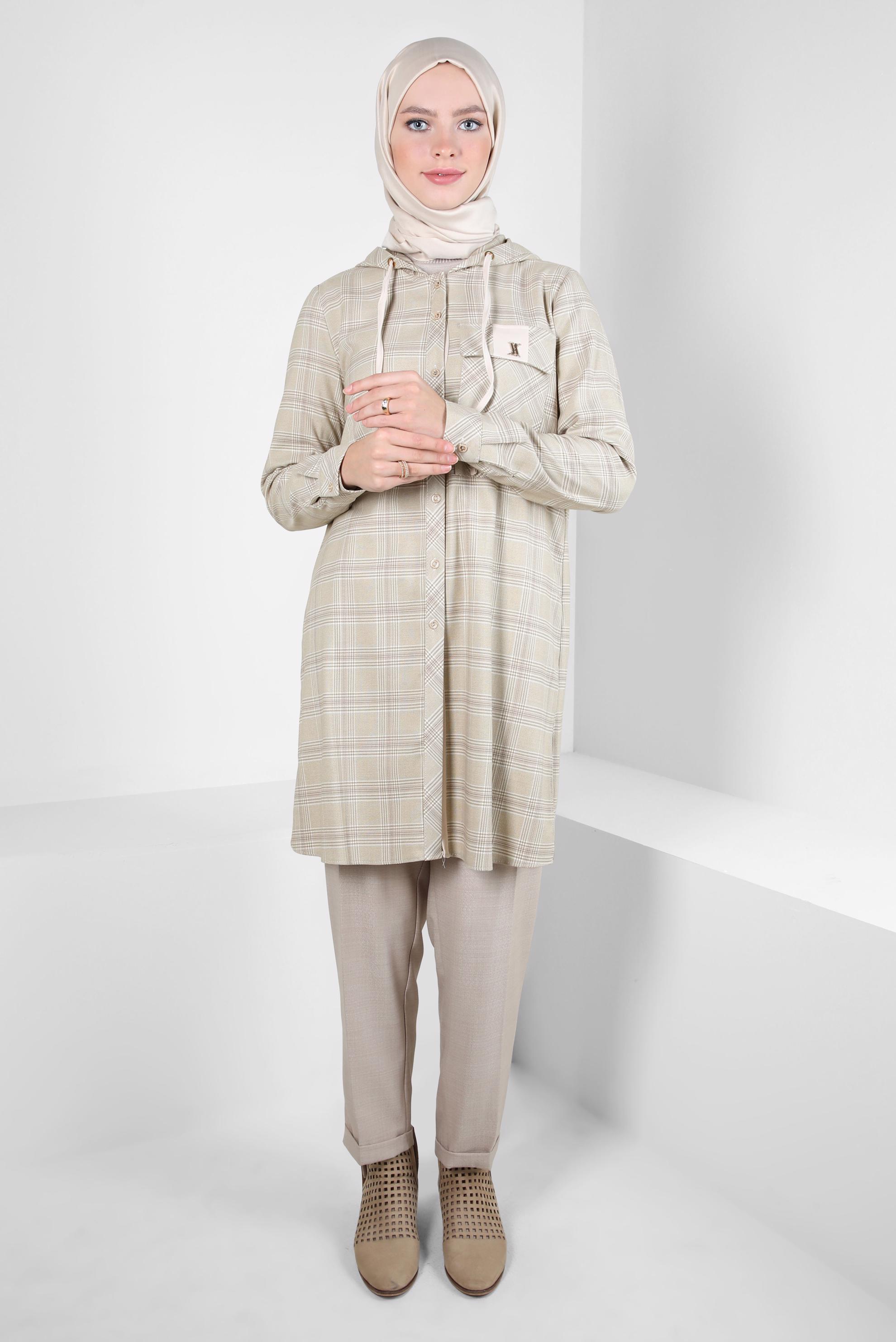 Tesettür giyim KAHVE KAPÜŞONLU TUNİK 44247-2