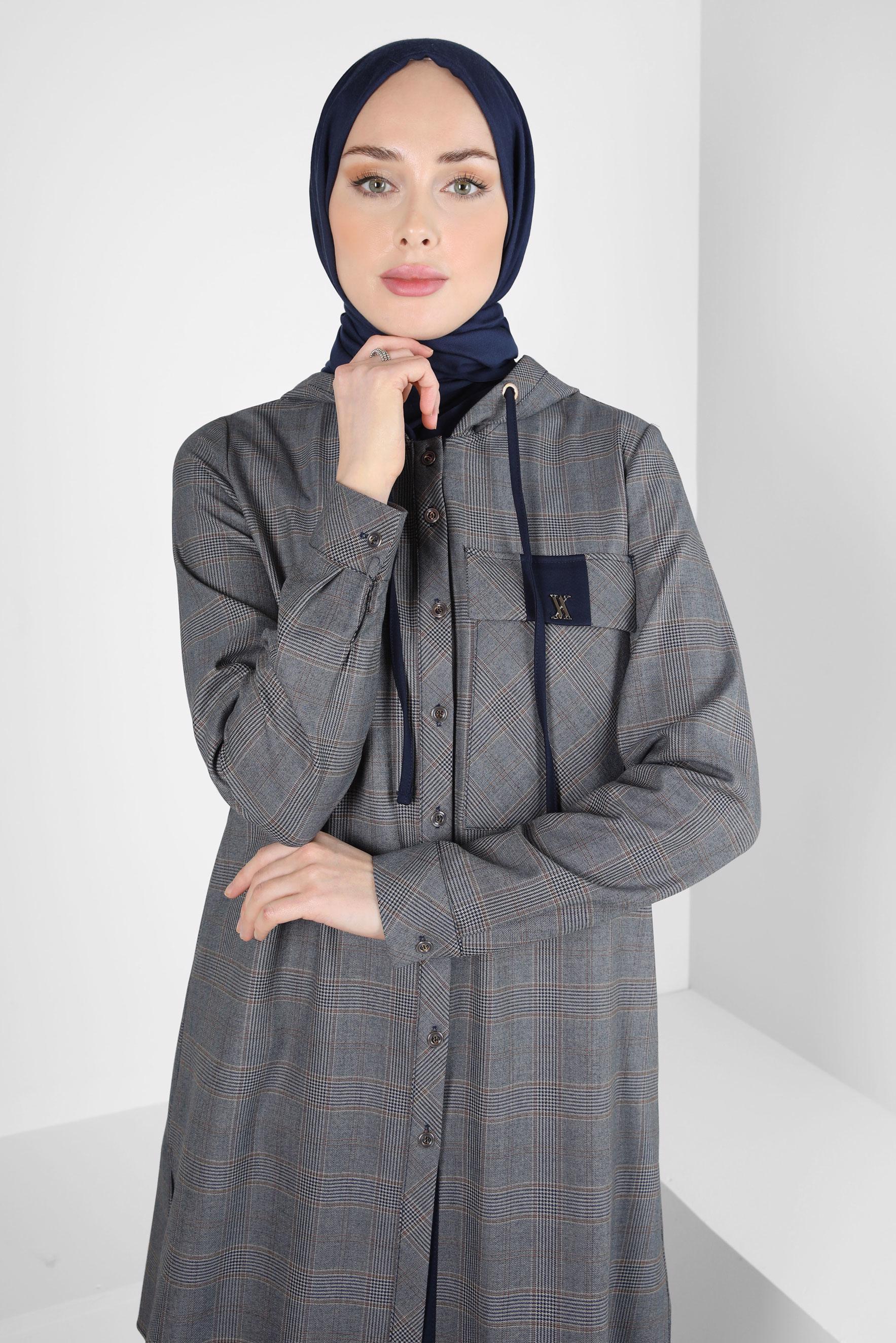 Tesettür giyim GRİ EKOSE DESENLİ TUNİK 44247-4