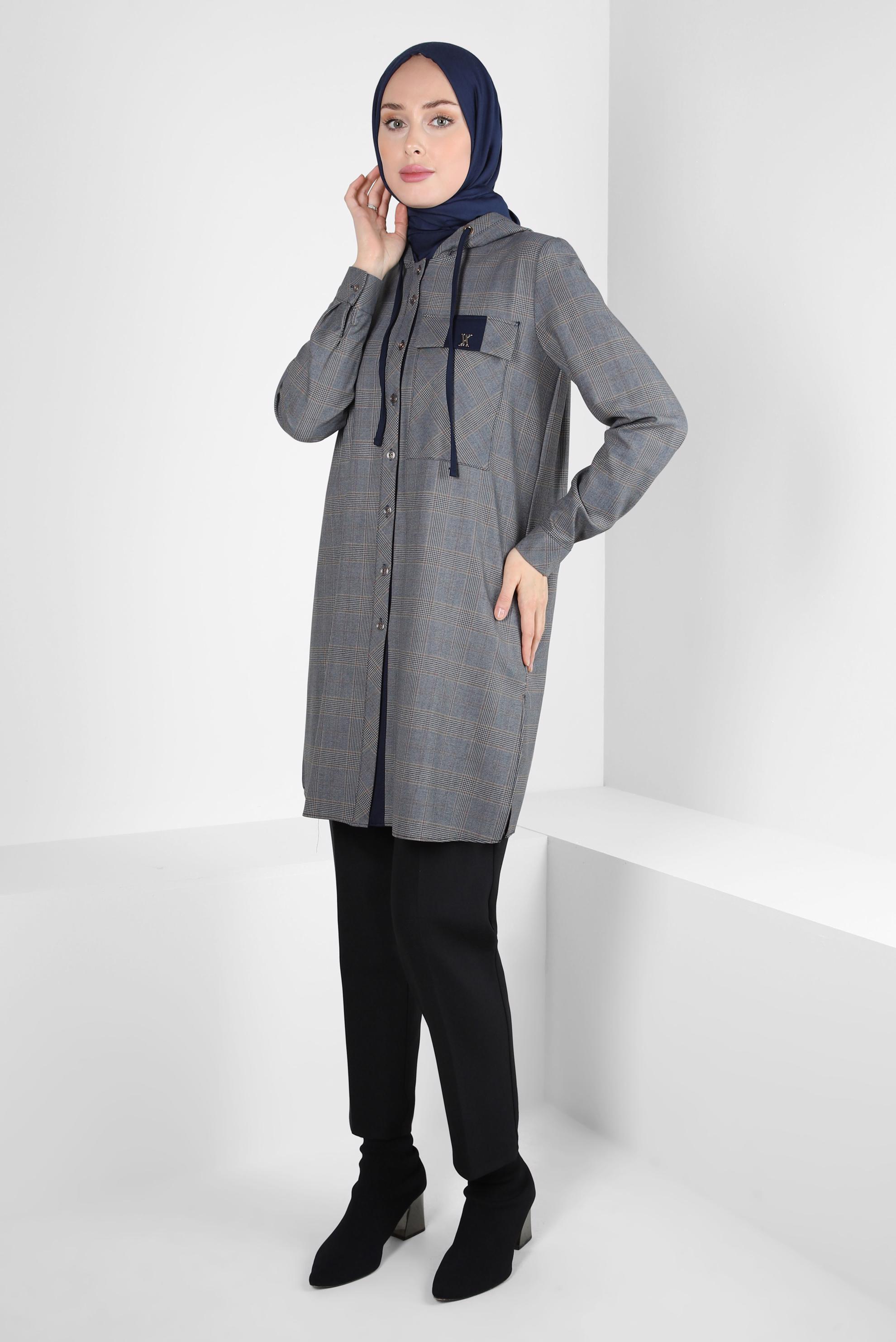 Tesettür giyim GRİ EKOSE DESENLİ TUNİK 44247-4