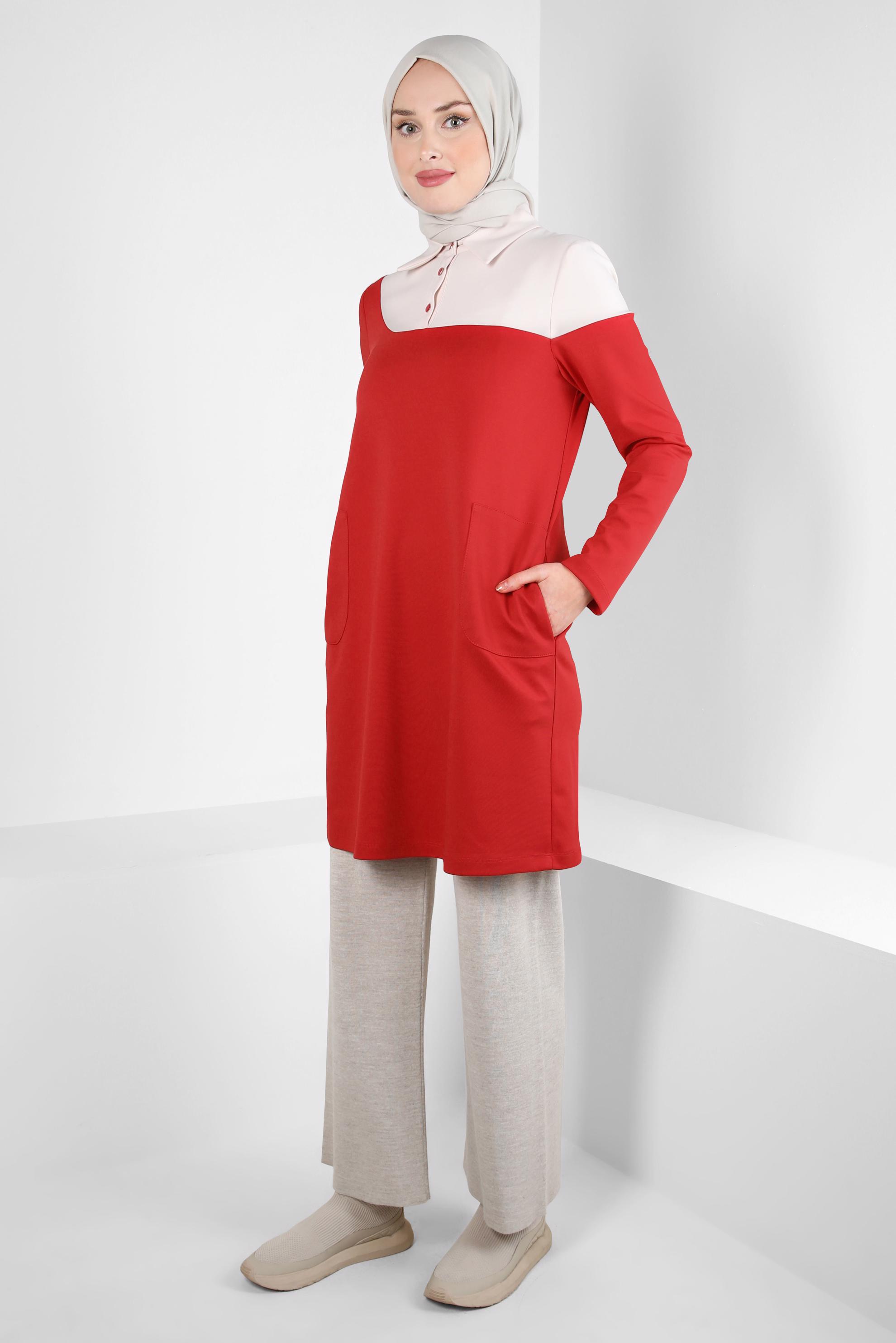 Tesettür giyim KIRMIZI İKİ RENKLİ TUNİK 44268