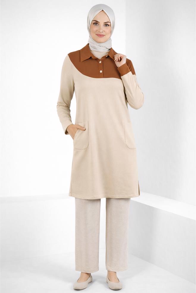 Tesettür giyim BEJ İKİ RENKLİ TUNİK 44268 - ALVİNA