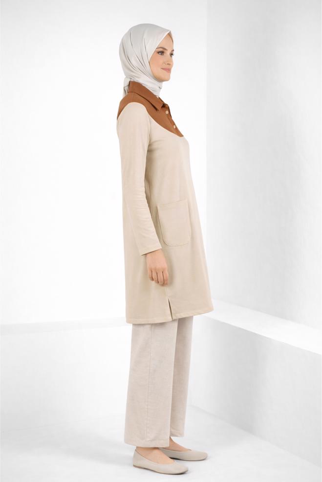 Tesettür giyim BEJ İKİ RENKLİ TUNİK 44268 - ALVİNA