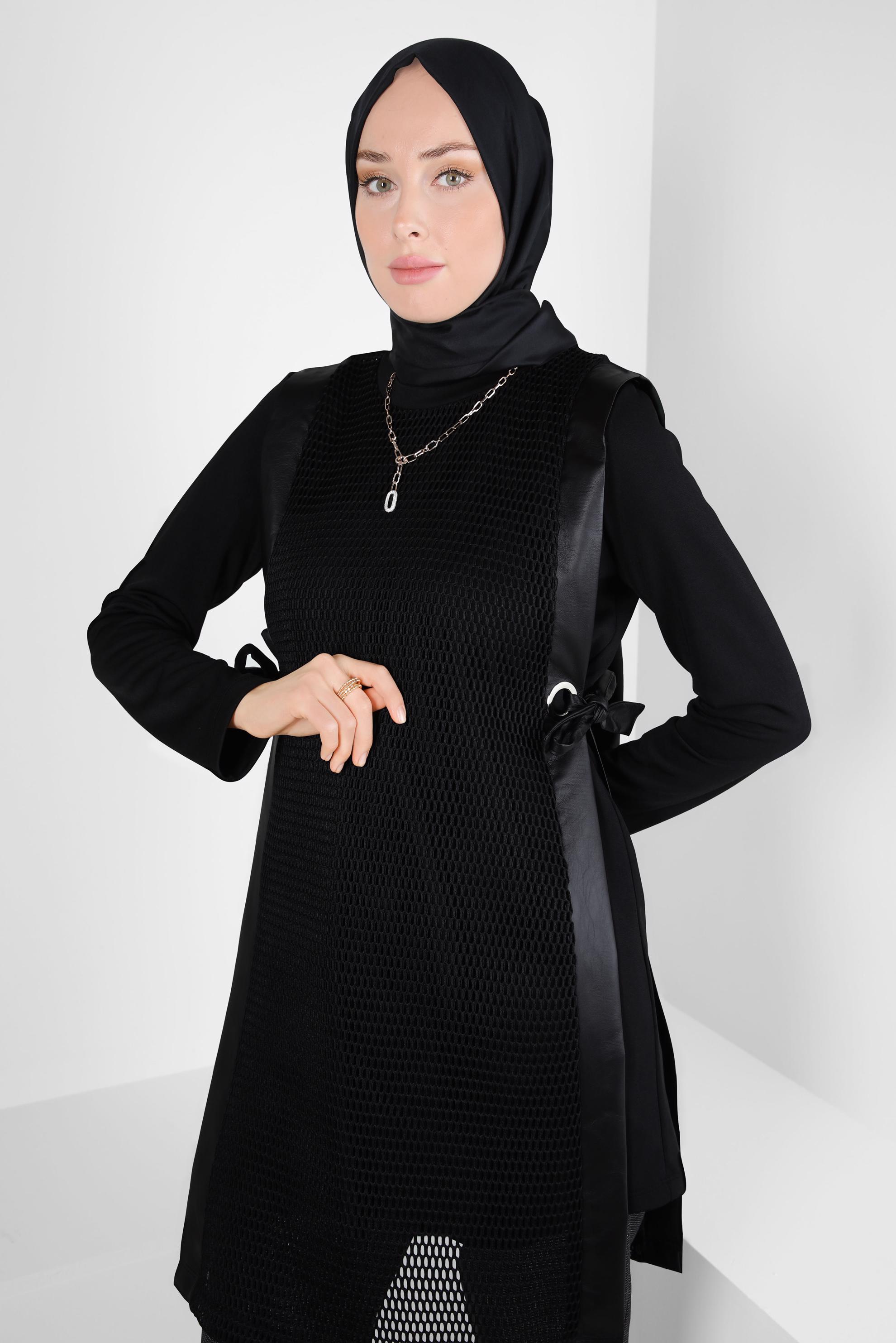 Tesettür giyim SİYAH FİLE DETAYLI YELEKLİ TUNİK 44287