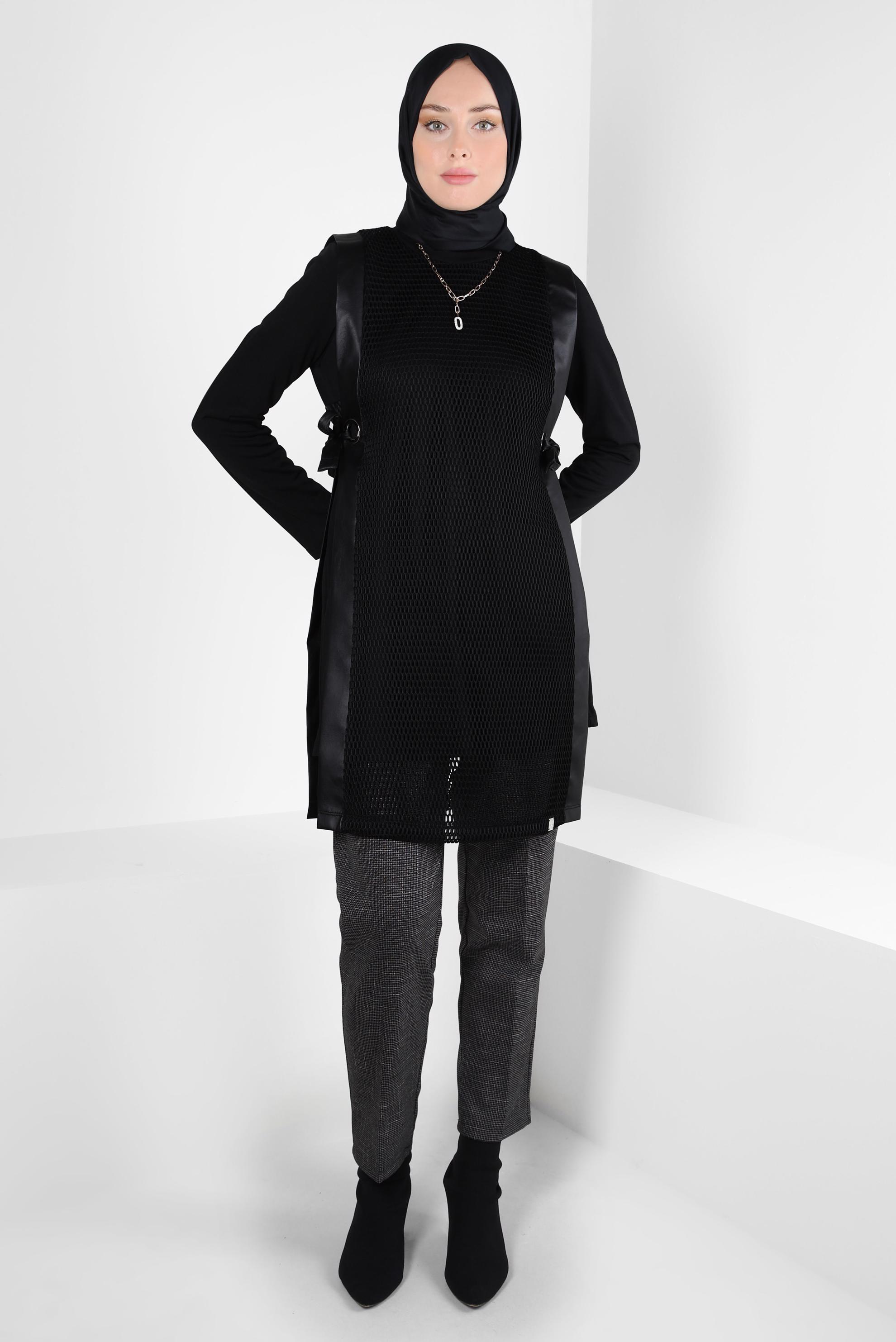 Tesettür giyim SİYAH FİLE DETAYLI YELEKLİ TUNİK 44287