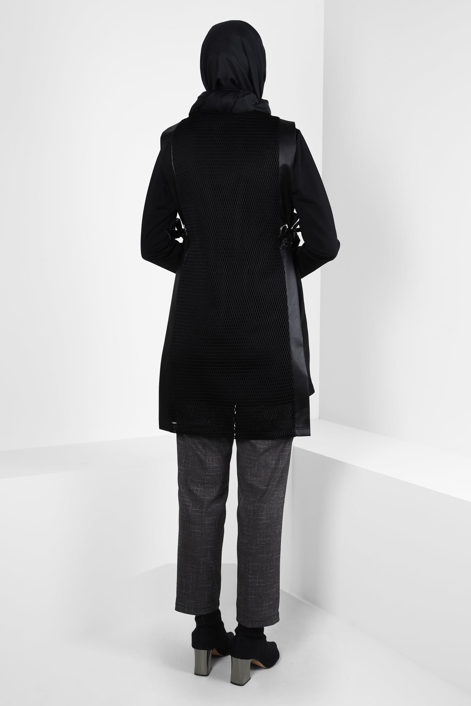 Tesettür giyim SİYAH FİLE DETAYLI YELEKLİ TUNİK 44287