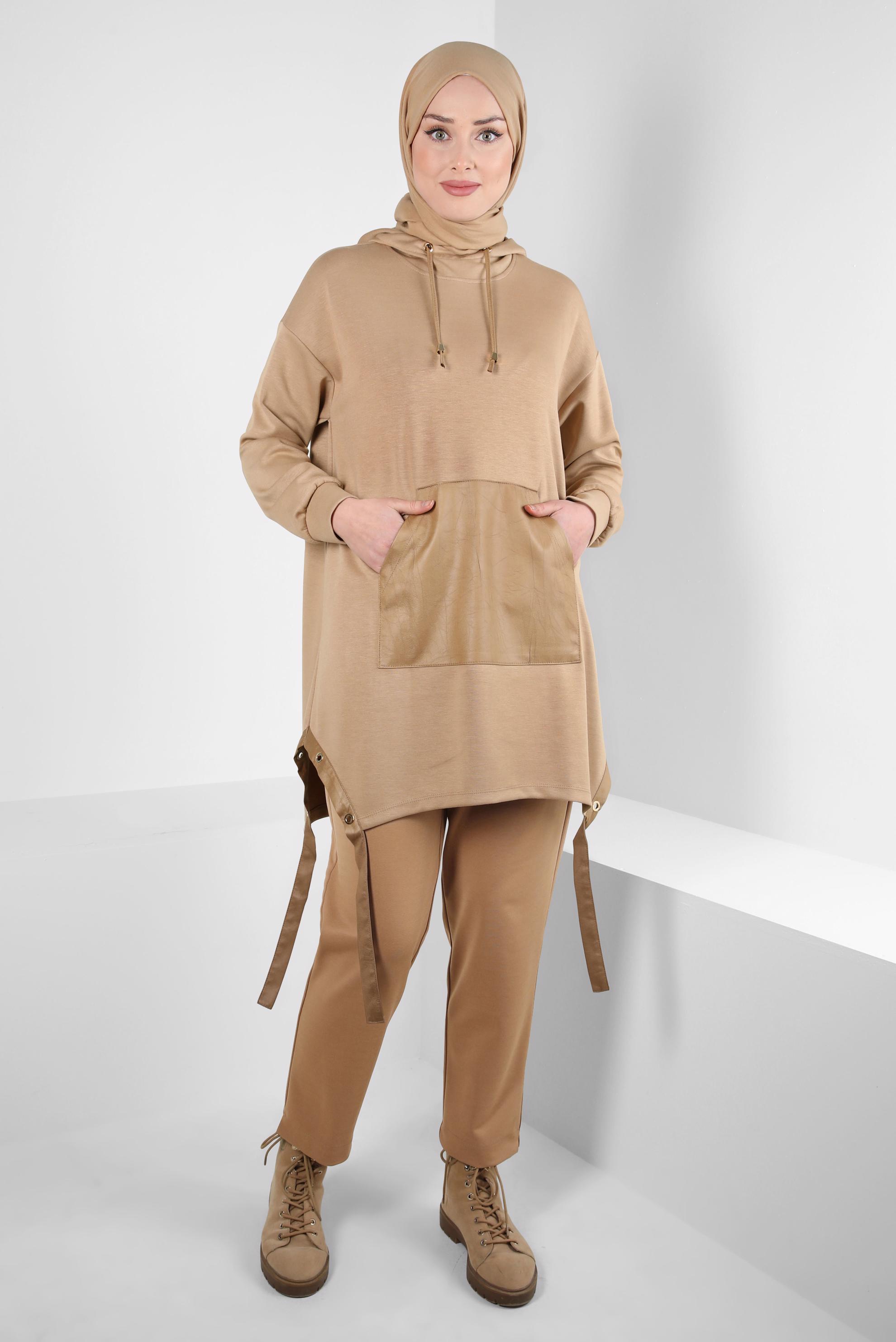 Tesettür giyim KAHVE KAPÜŞONLU TUNİK 44290
