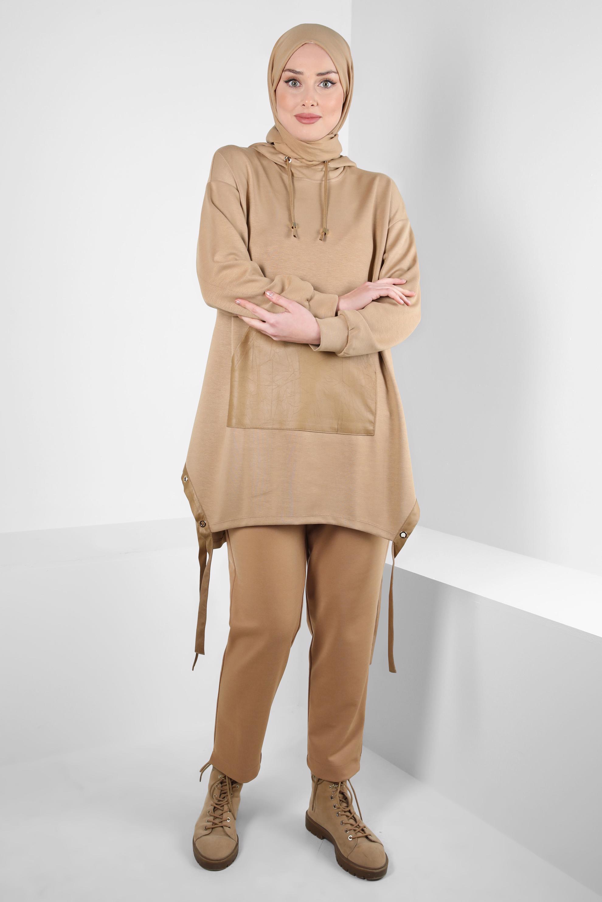 Tesettür giyim KAHVE KAPÜŞONLU TUNİK 44290