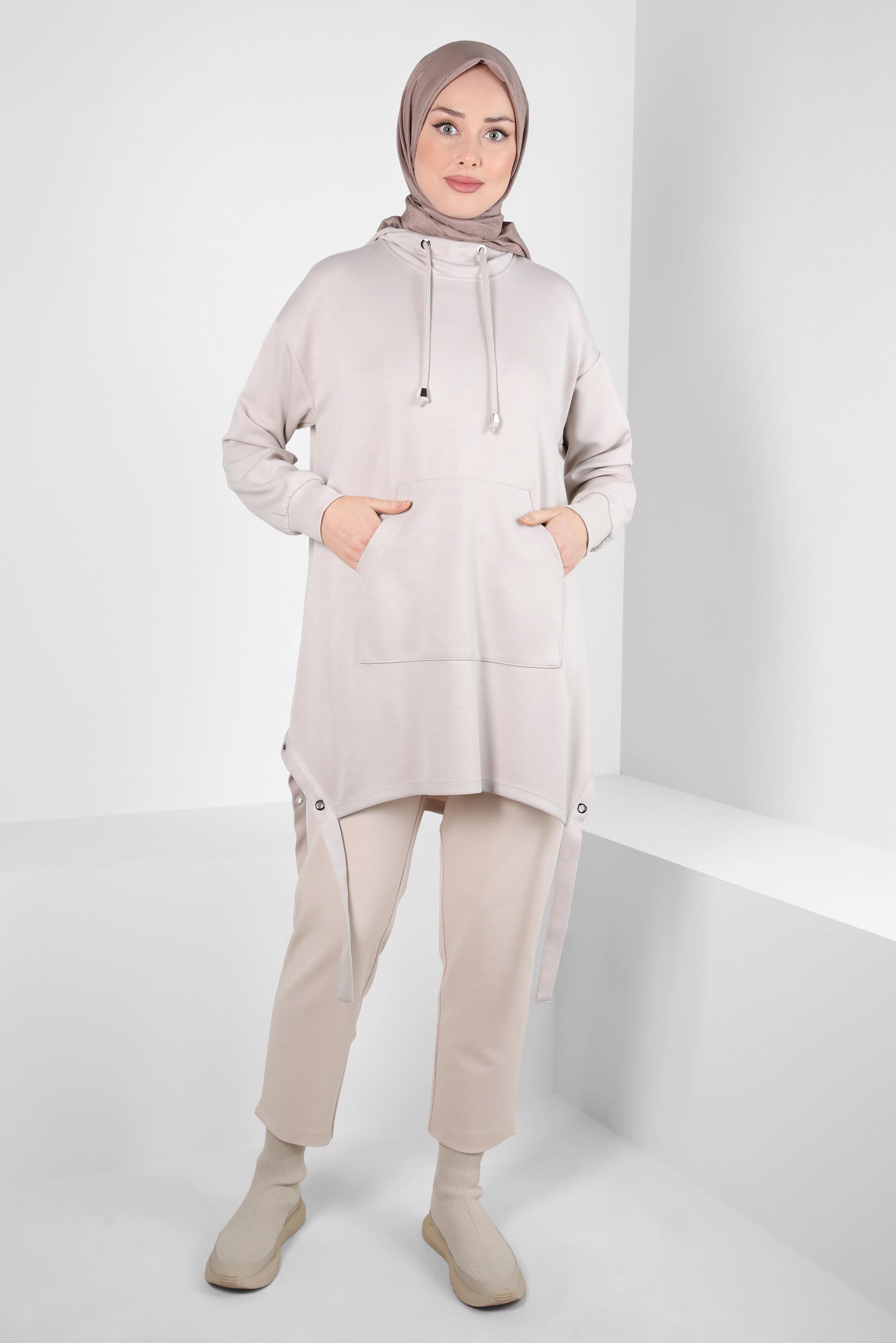 Tesettür giyim KUM KAPÜŞONLU TUNİK 44290