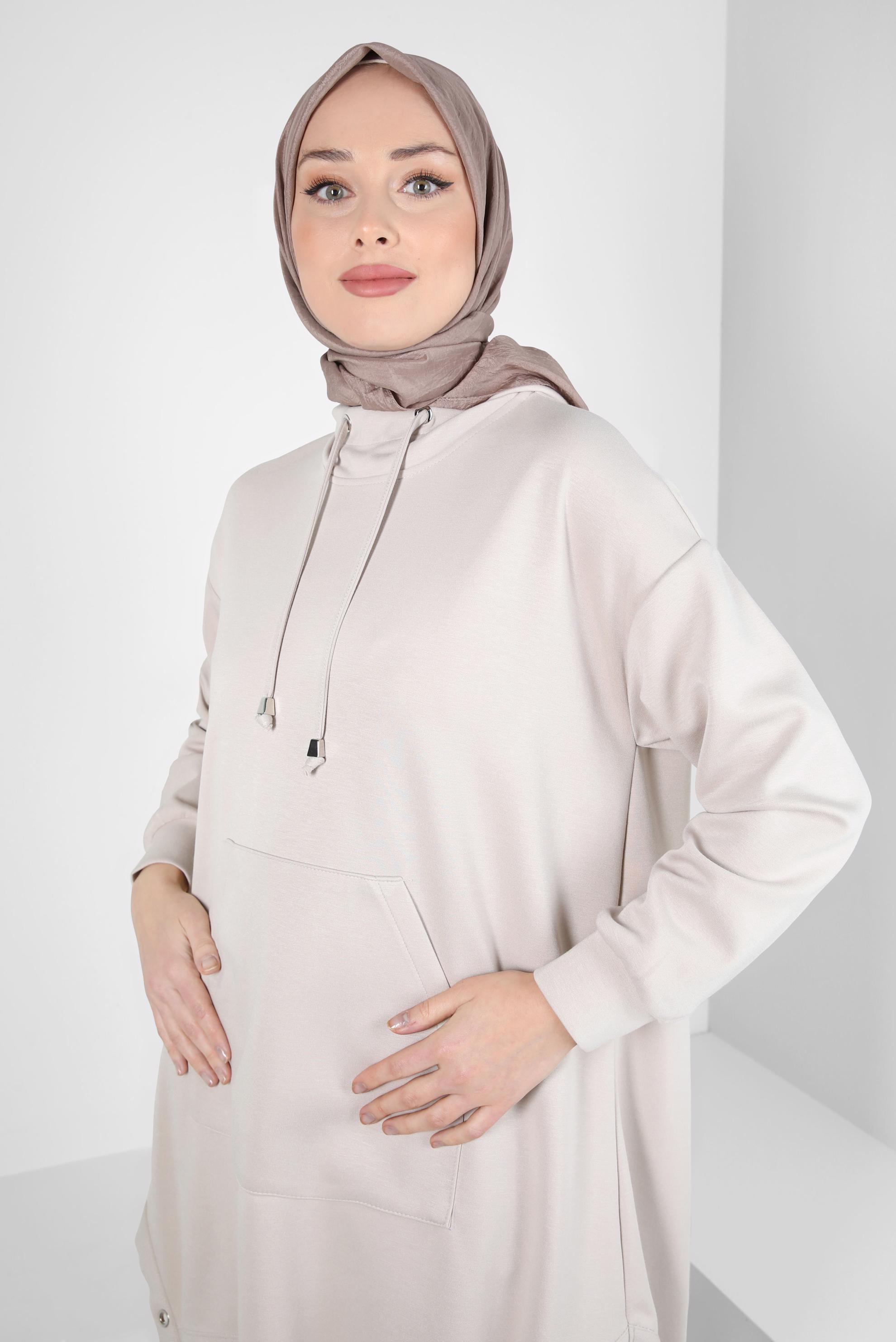 Tesettür giyim KUM KAPÜŞONLU TUNİK 44290