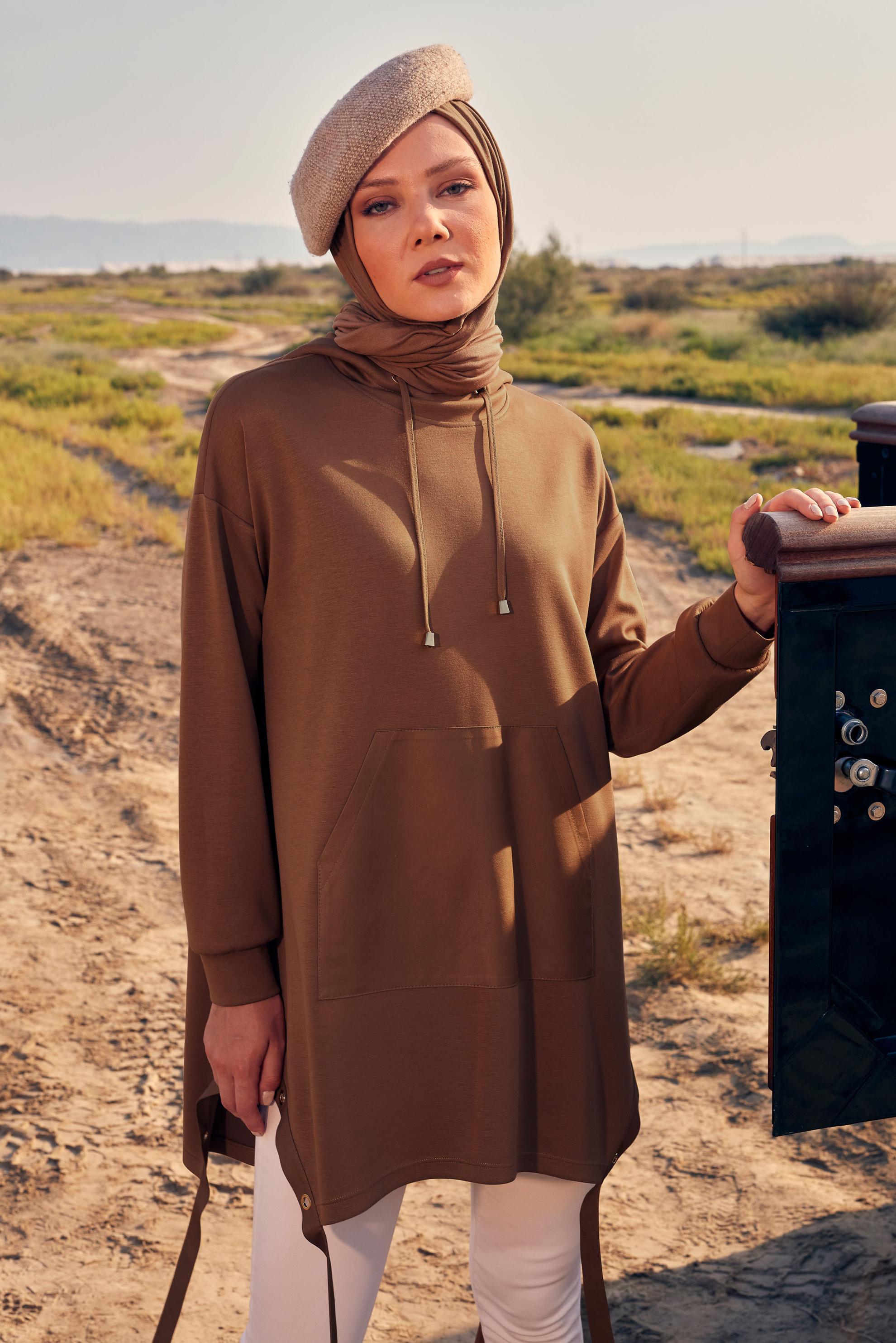 Tesettür giyim KAHVE KAPÜŞONLU TUNİK 44290