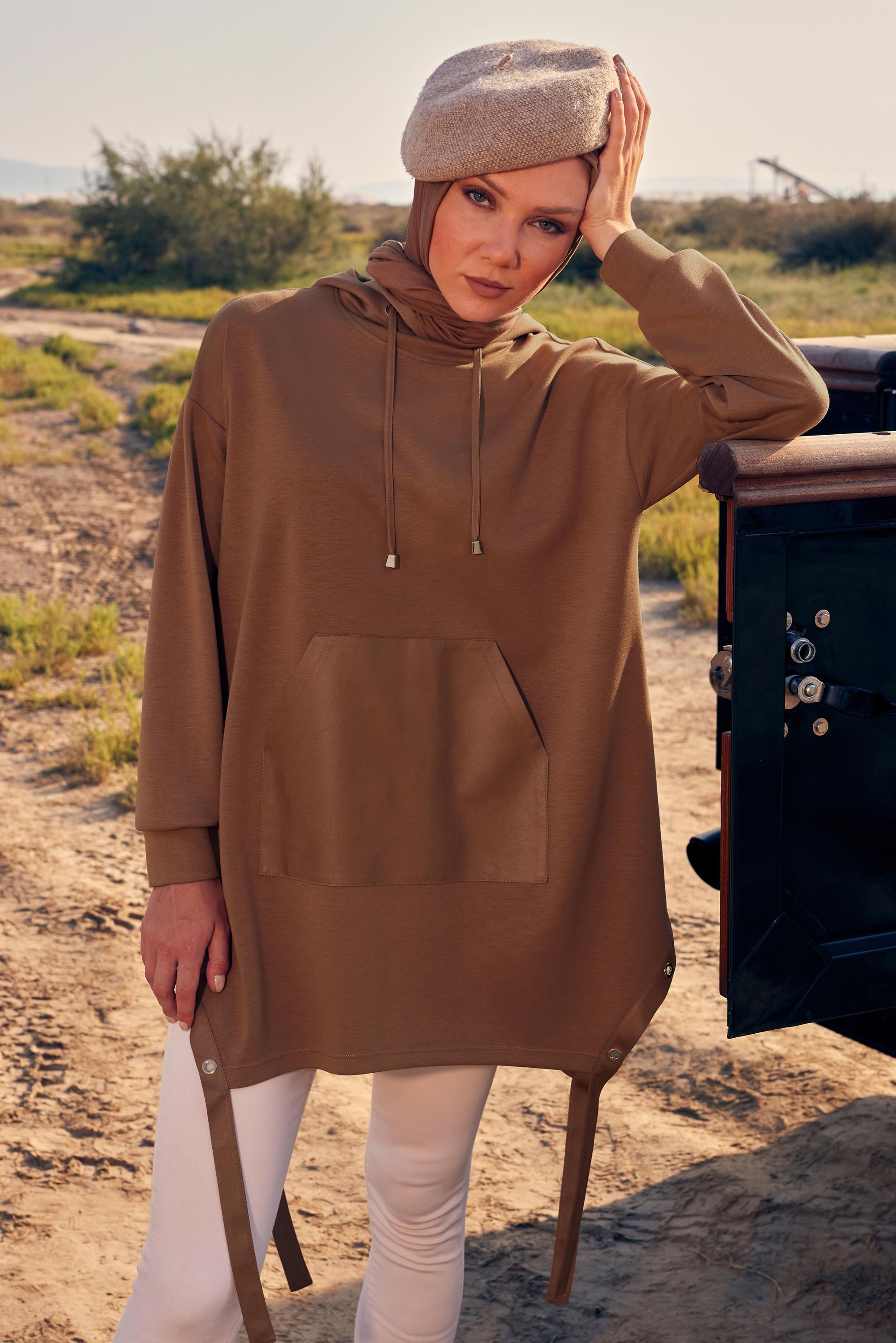 Tesettür giyim KAHVE KAPÜŞONLU TUNİK 44290