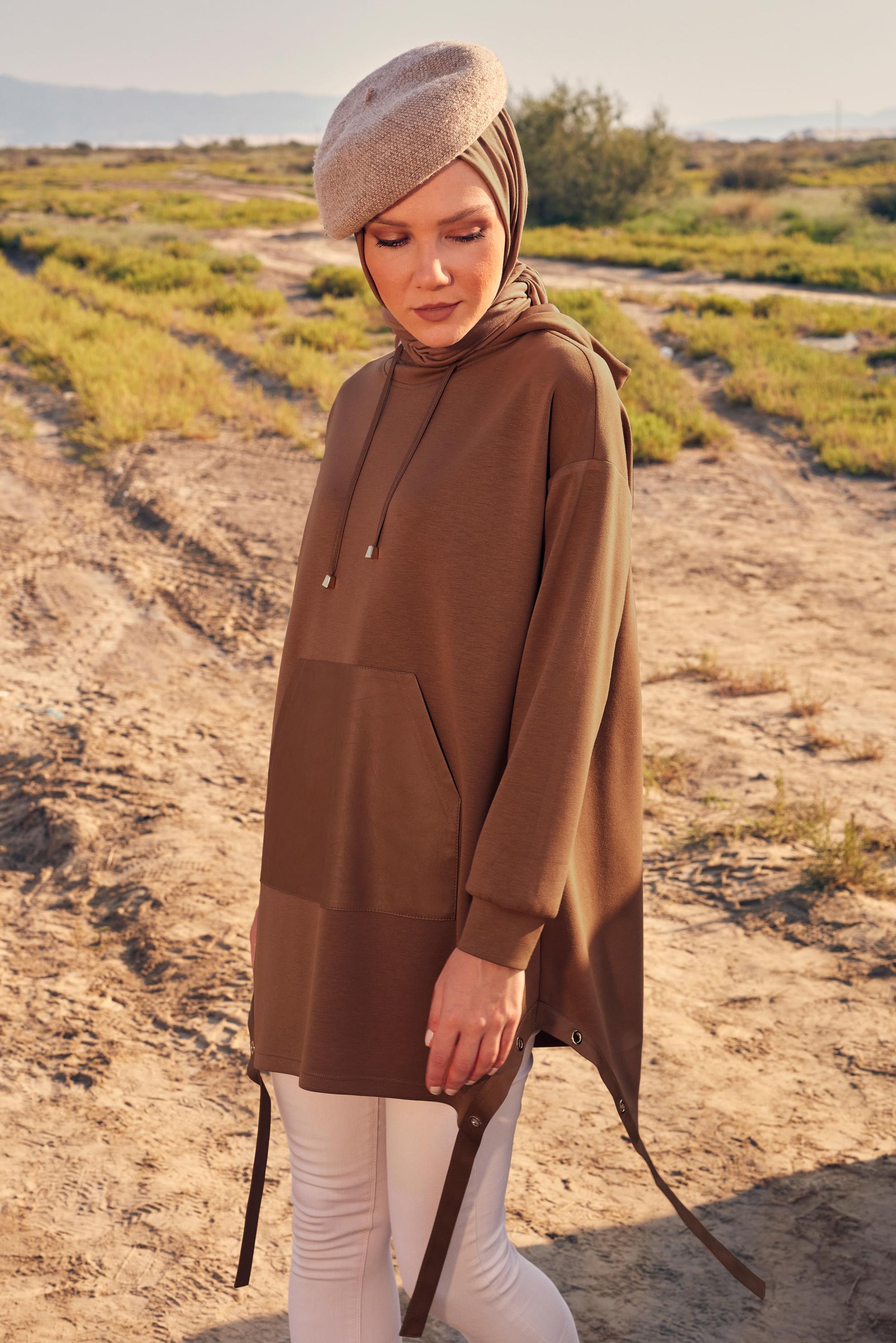 Tesettür giyim KAHVE KAPÜŞONLU TUNİK 44290