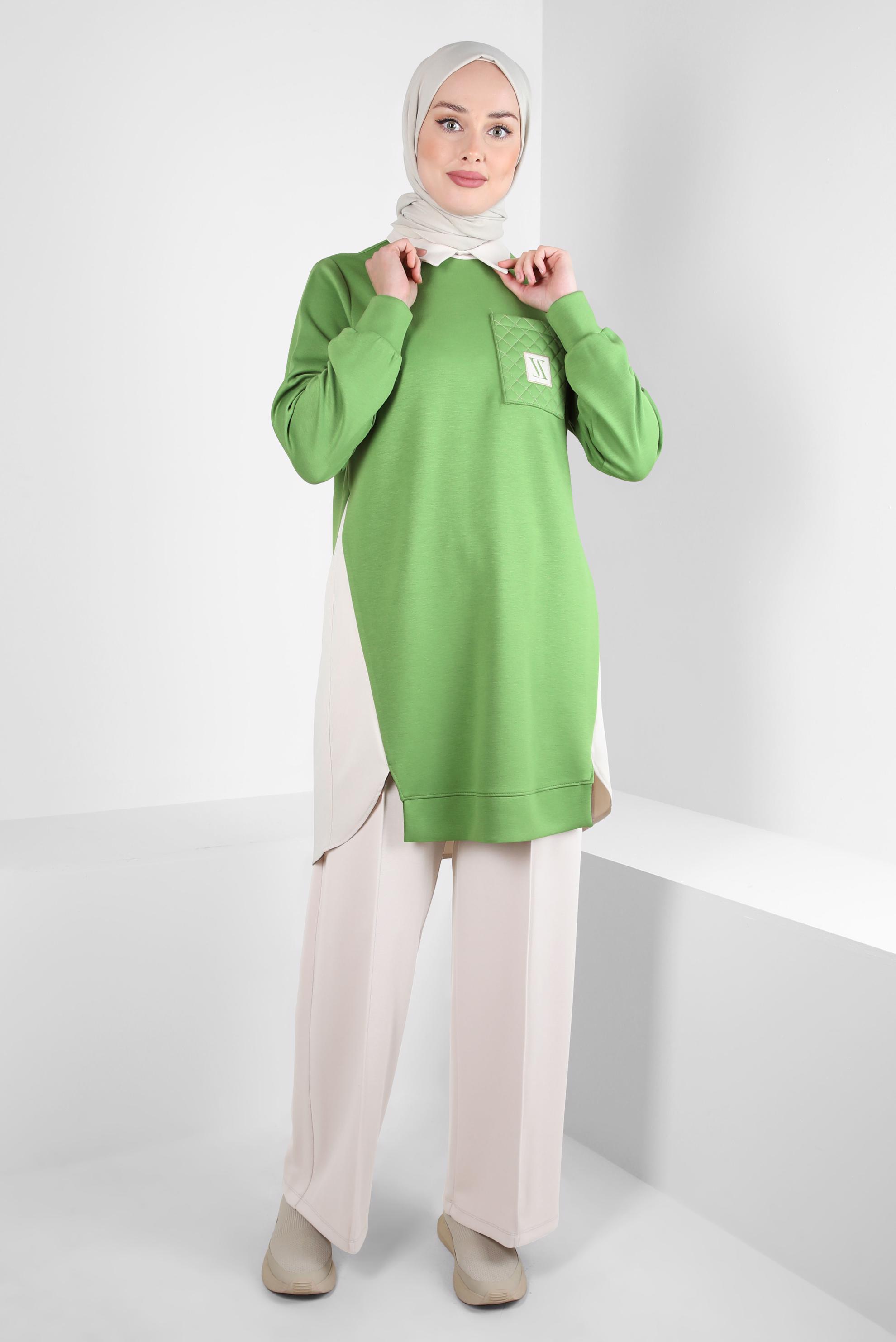 Tesettür giyim YEŞİL CEP DETAYLI TUNİK 44291