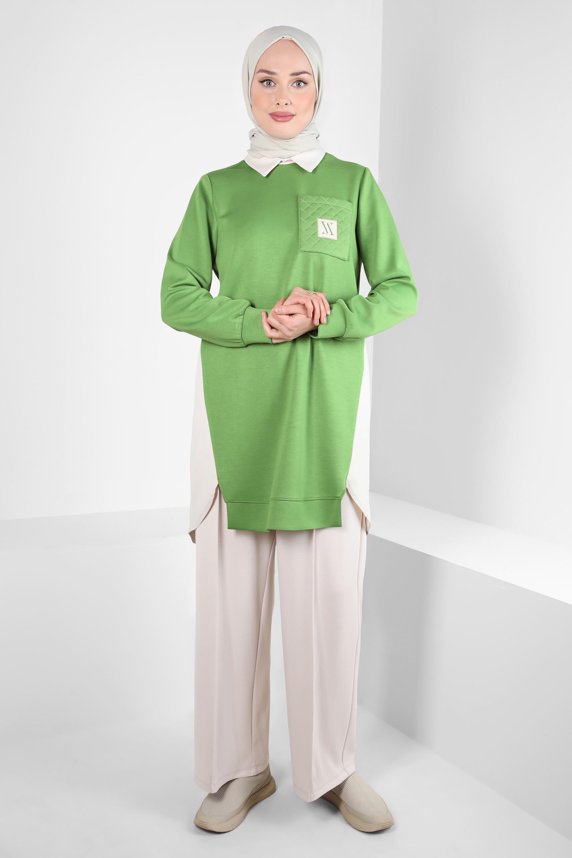Tesettür giyim YEŞİL CEP DETAYLI TUNİK 44291