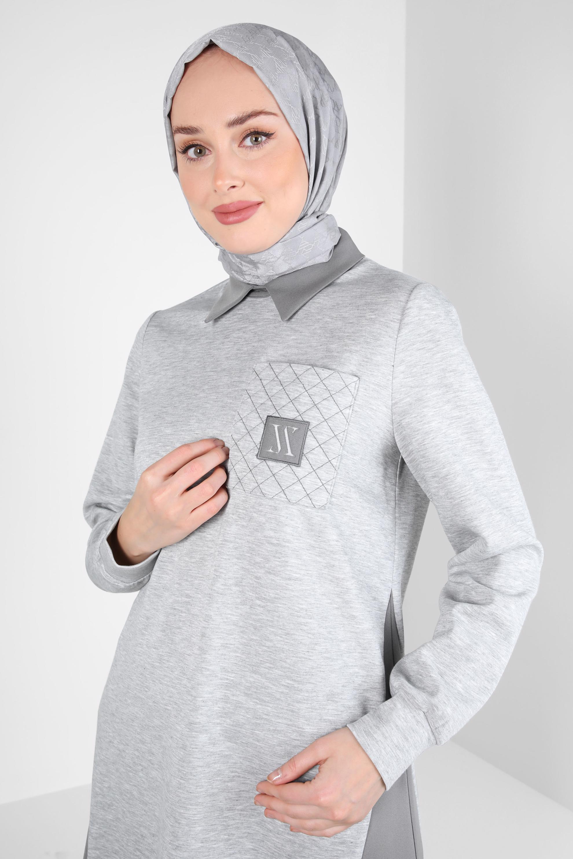 Tesettür giyim GRİ CEP DETAYLI TUNİK 44291