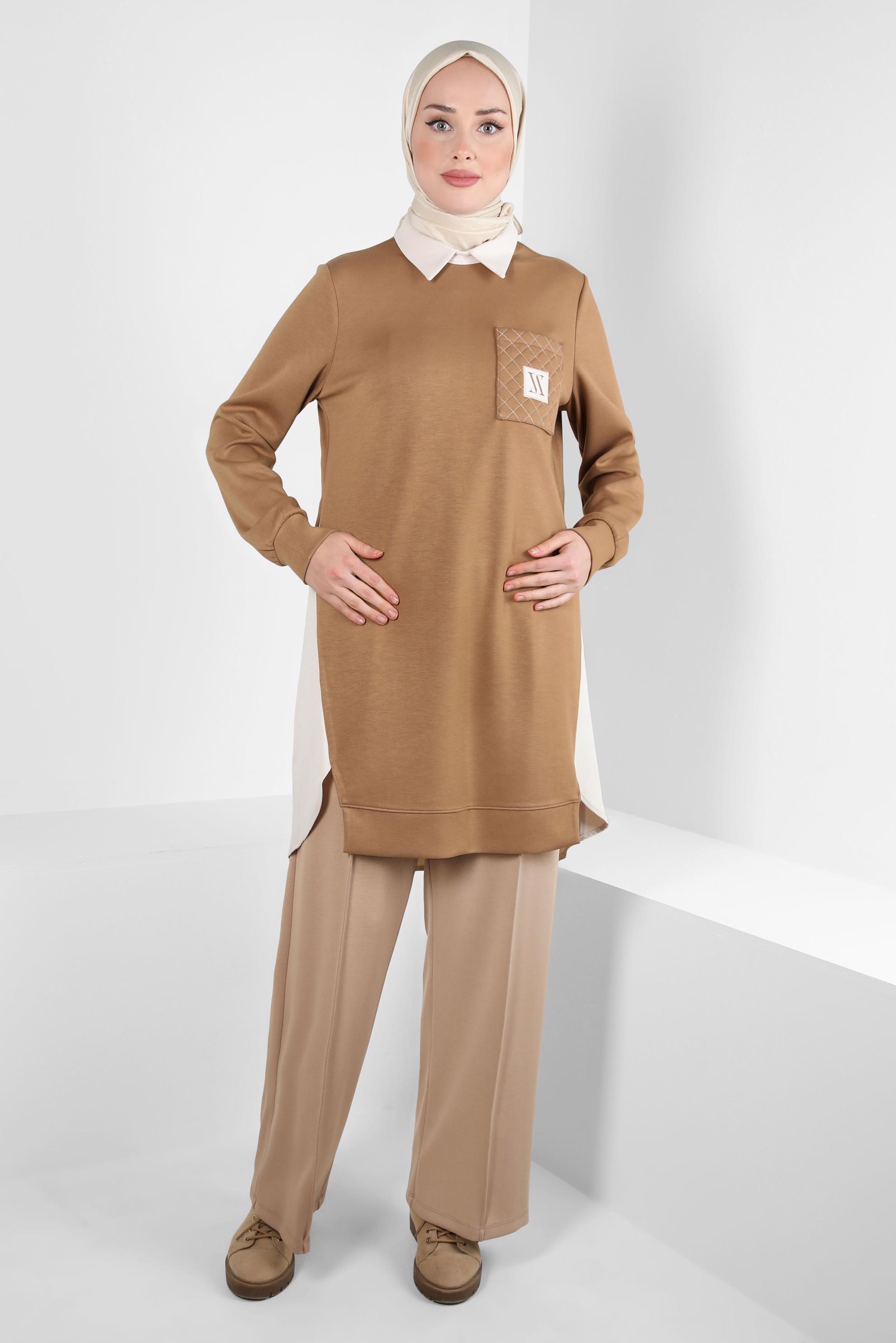 Tesettür giyim KAHVE CEP DETAYLI TUNİK 44291