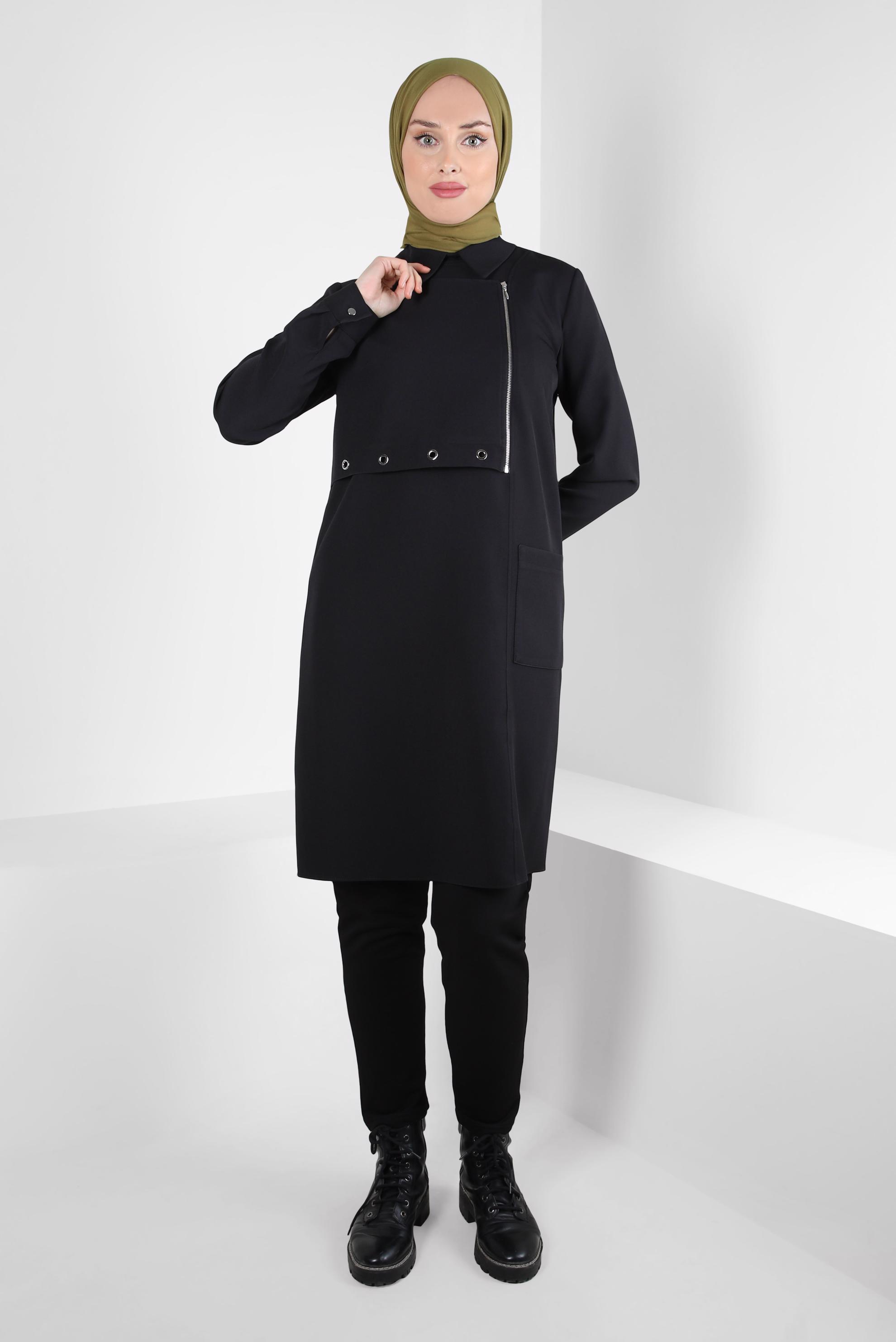 Tesettür giyim SİYAH KUŞGÖZÜ DETAYLI TUNİK 44292