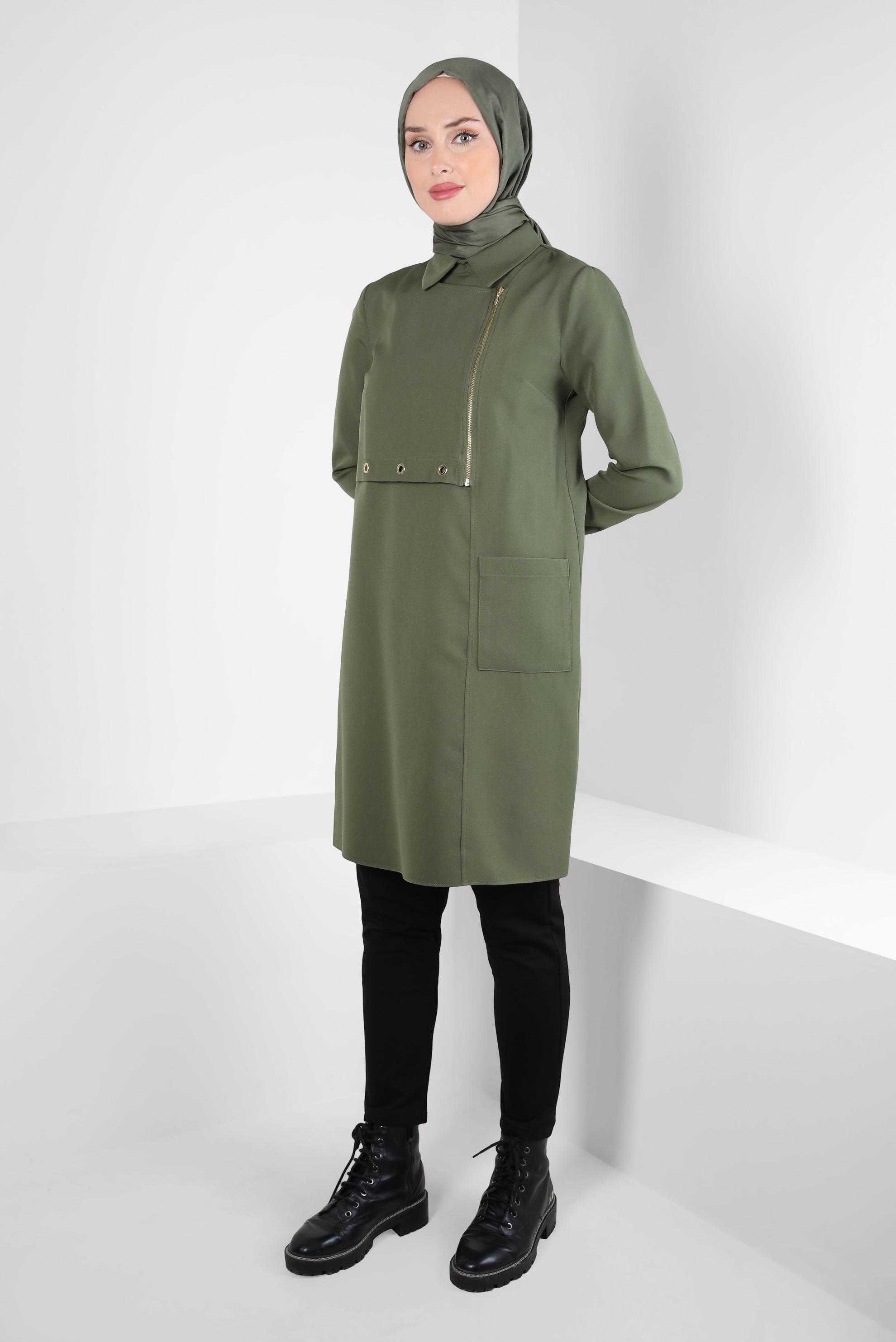 Tesettür giyim HAKİ KUŞGÖZÜ DETAYLI TUNİK 44292