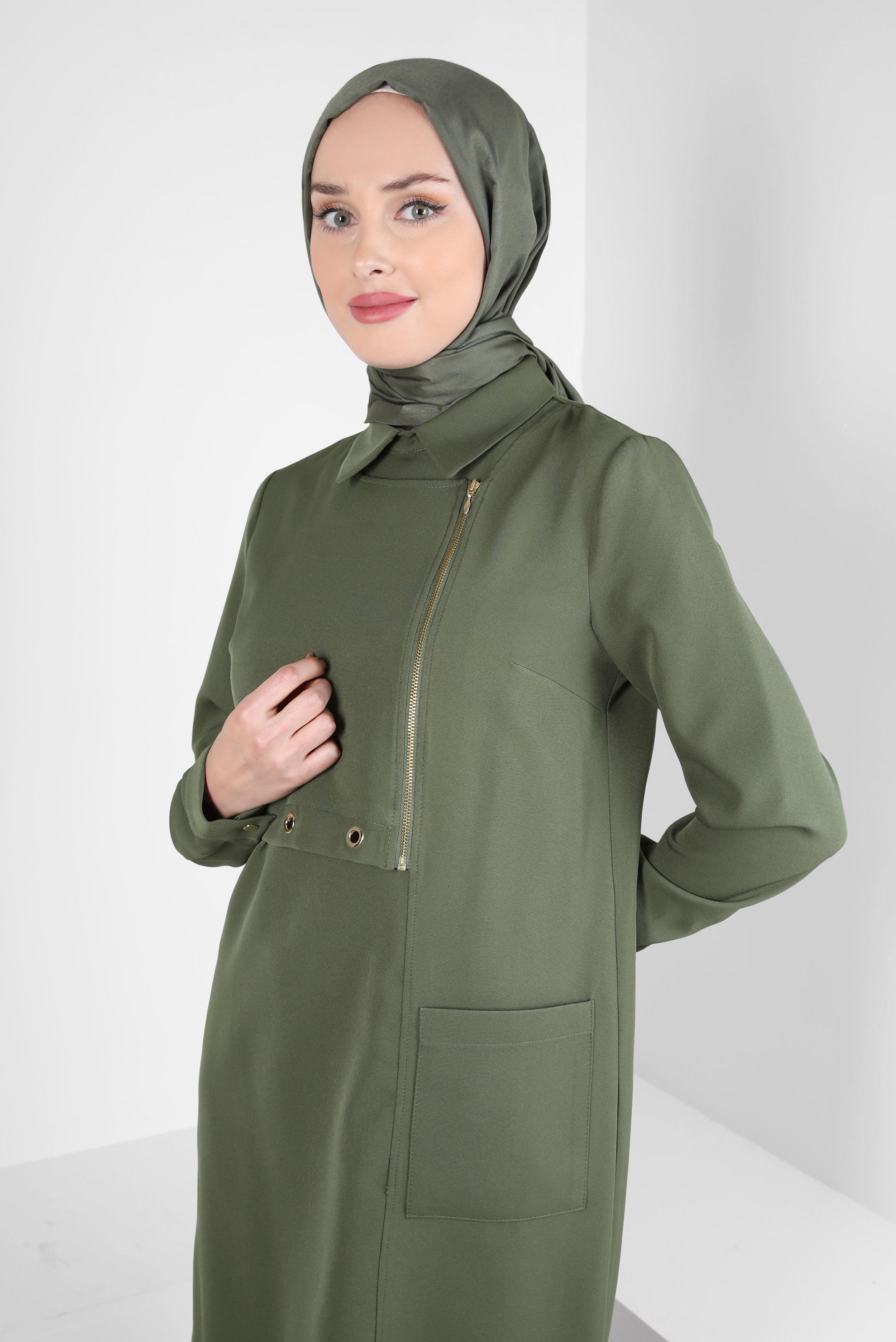 Tesettür giyim HAKİ KUŞGÖZÜ DETAYLI TUNİK 44292