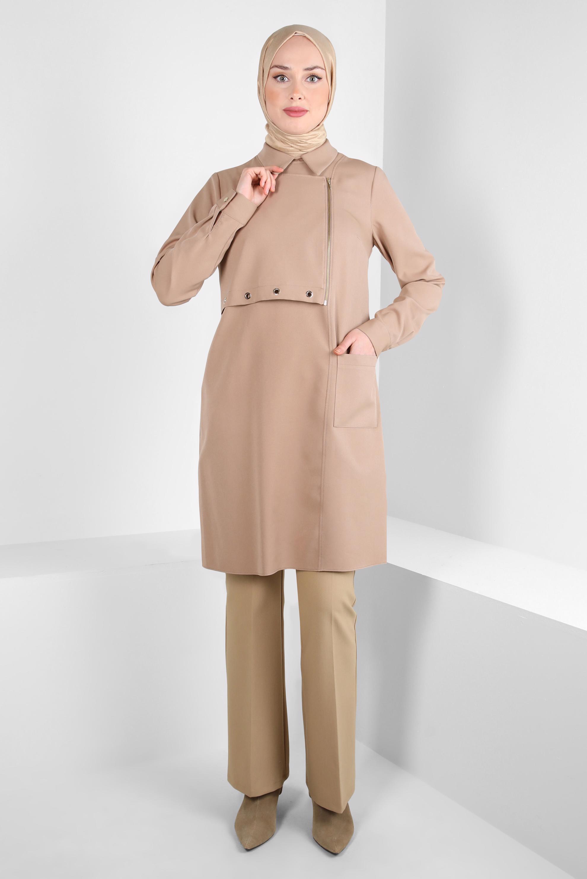 Tesettür giyim KAHVE KUŞGÖZÜ DETAYLI TUNİK 44292