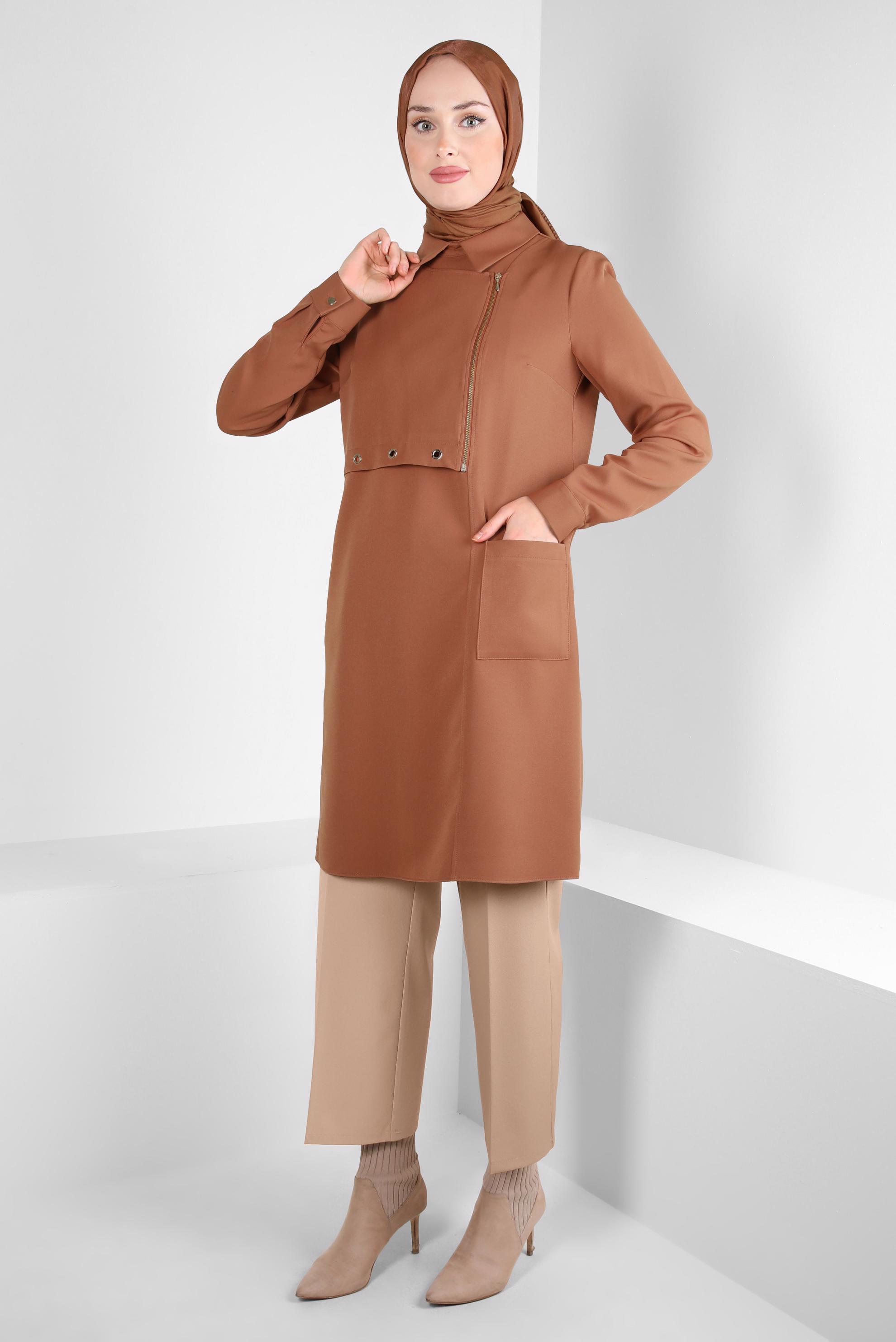 Tesettür giyim TABA KUŞGÖZÜ DETAYLI TUNİK 44292