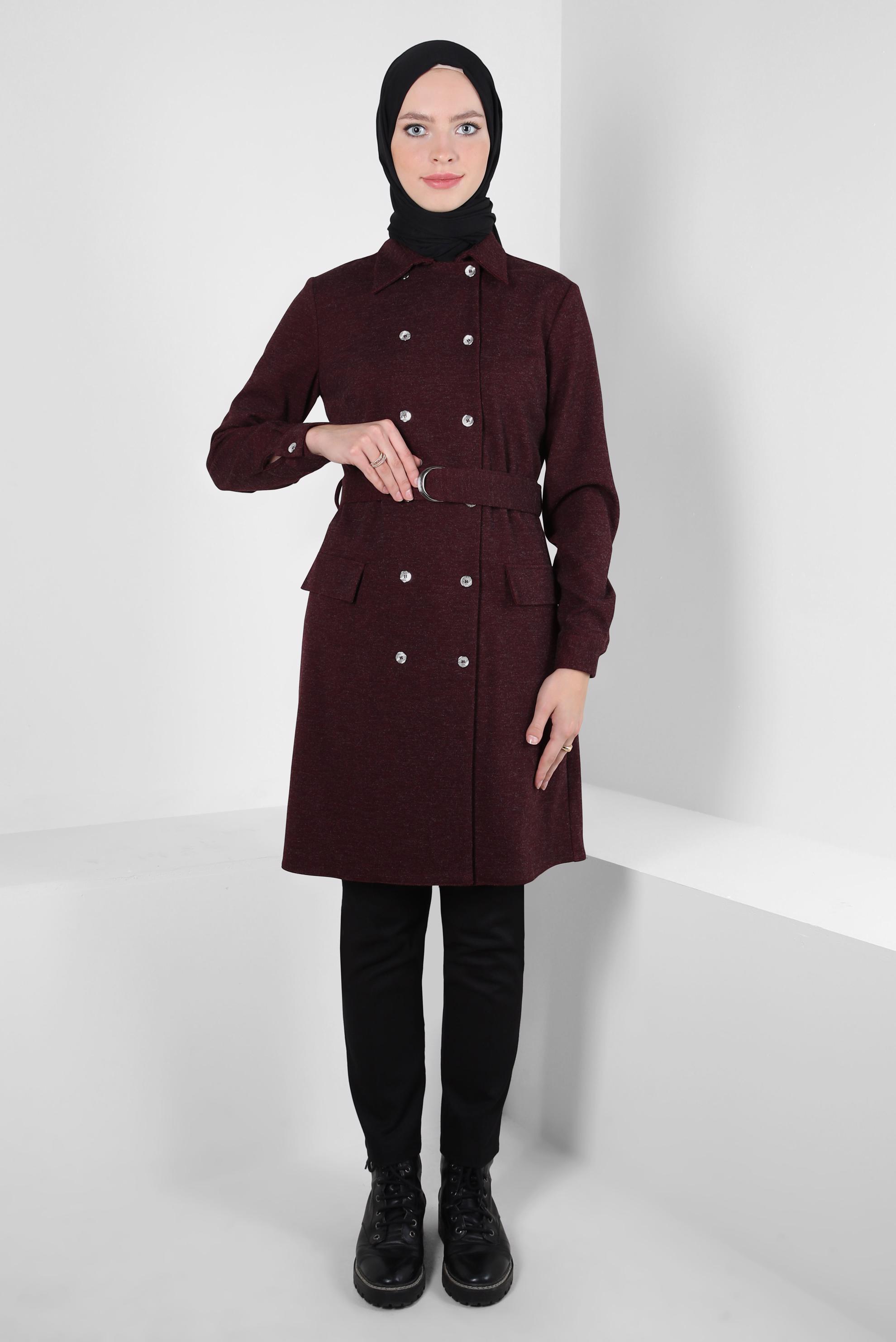 Tesettür giyim BORDO KEMERLİ TUNİK 44295