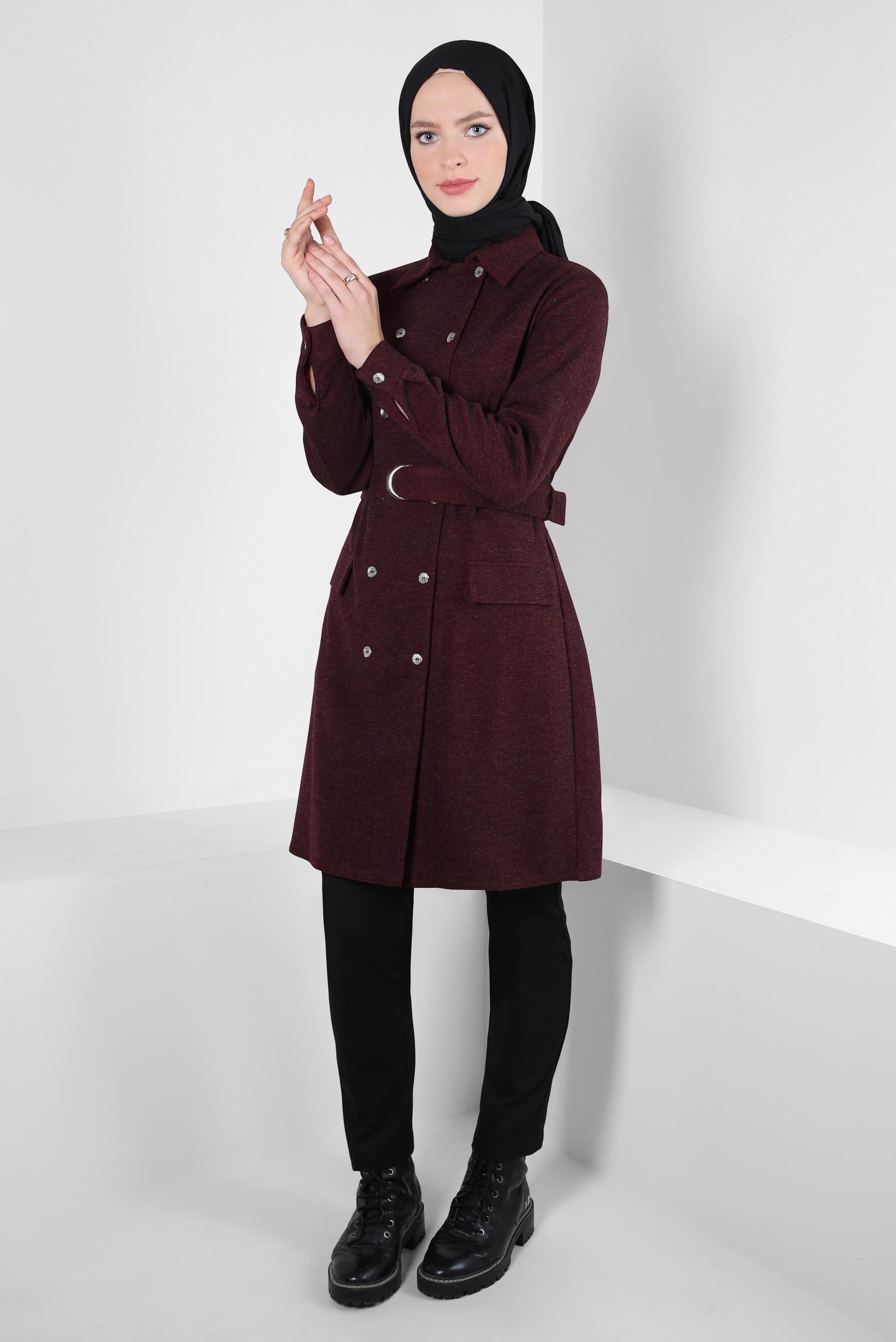 Tesettür giyim BORDO KEMERLİ TUNİK 44295