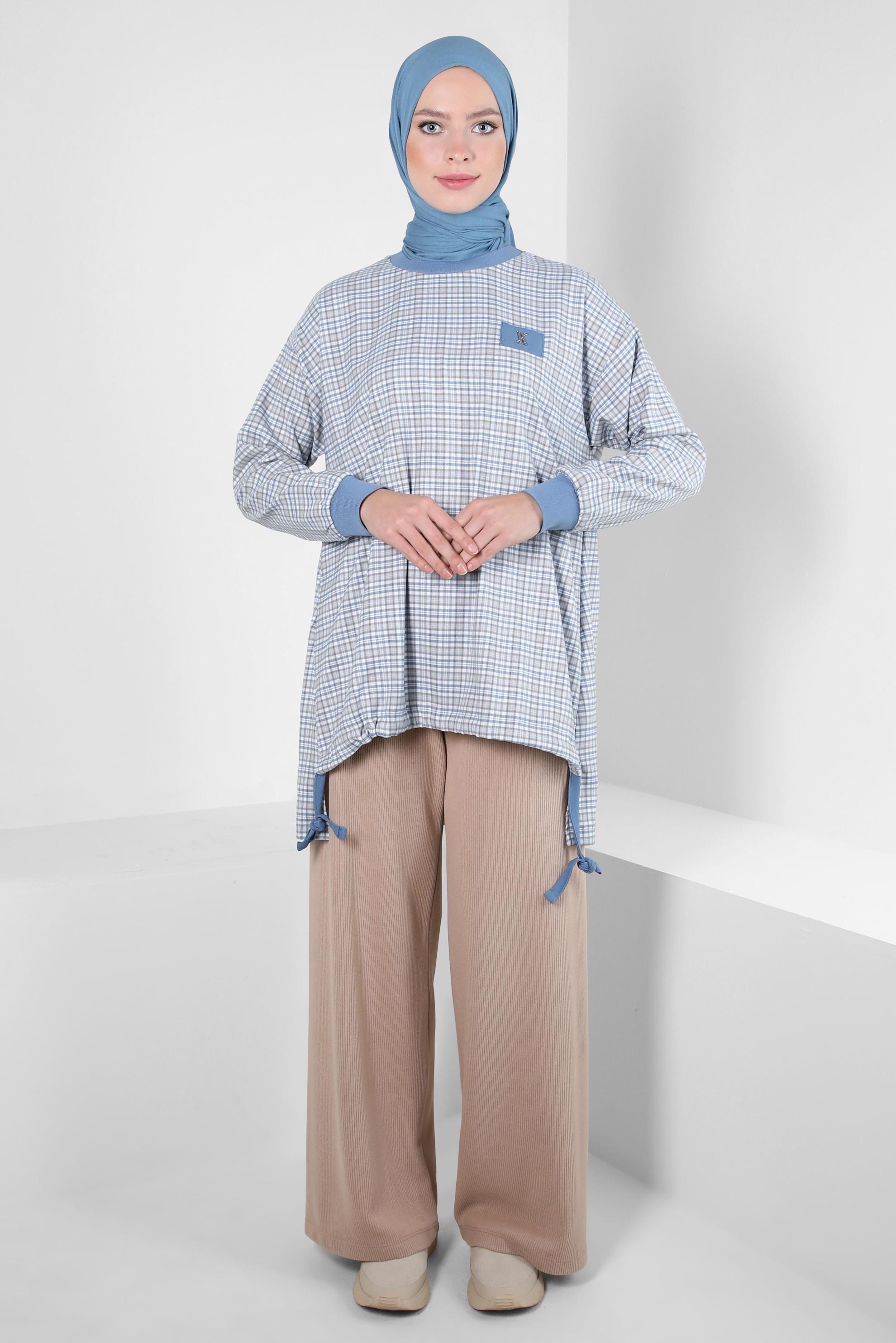 Tesettür giyim MAVİ EKOSE DESENLİ TUNİK 44297-1