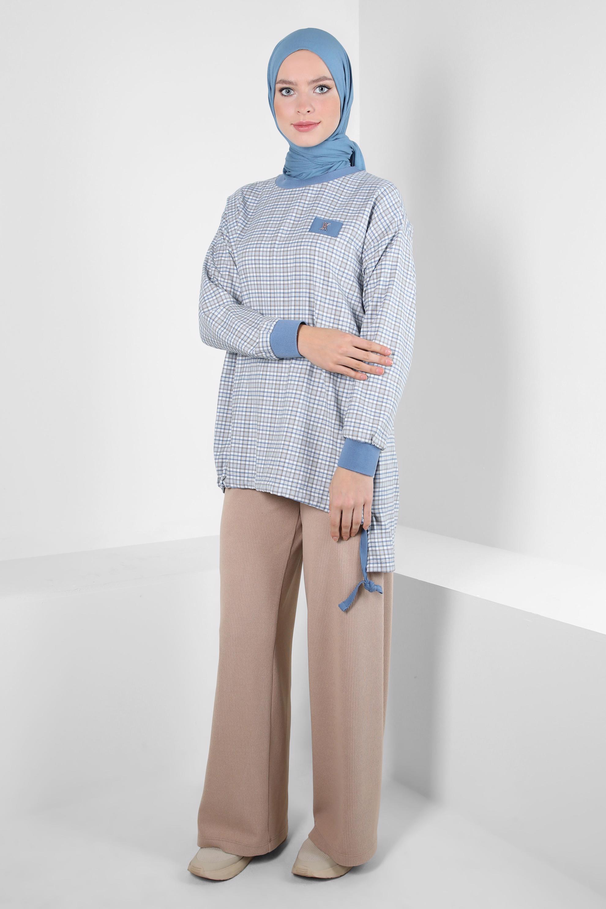 Tesettür giyim MAVİ EKOSE DESENLİ TUNİK 44297-1