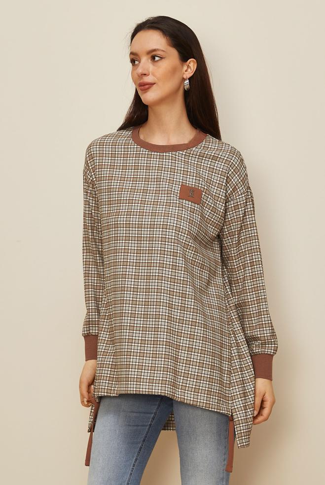 Vêtements hijab ORANGE TUNIQUE À MOTIFS À CARREAUX 44297-1 - ALVİNA