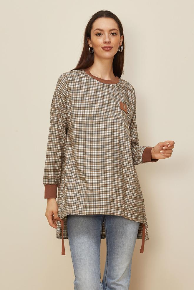 Vêtements hijab ORANGE TUNIQUE À MOTIFS À CARREAUX 44297-1 - ALVİNA