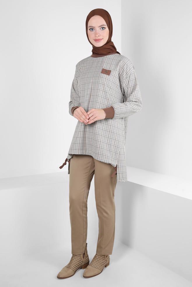 Hijab clothing NAVY BLUE PLAID PATTERNED TUNIC 44297 - ALVİNA