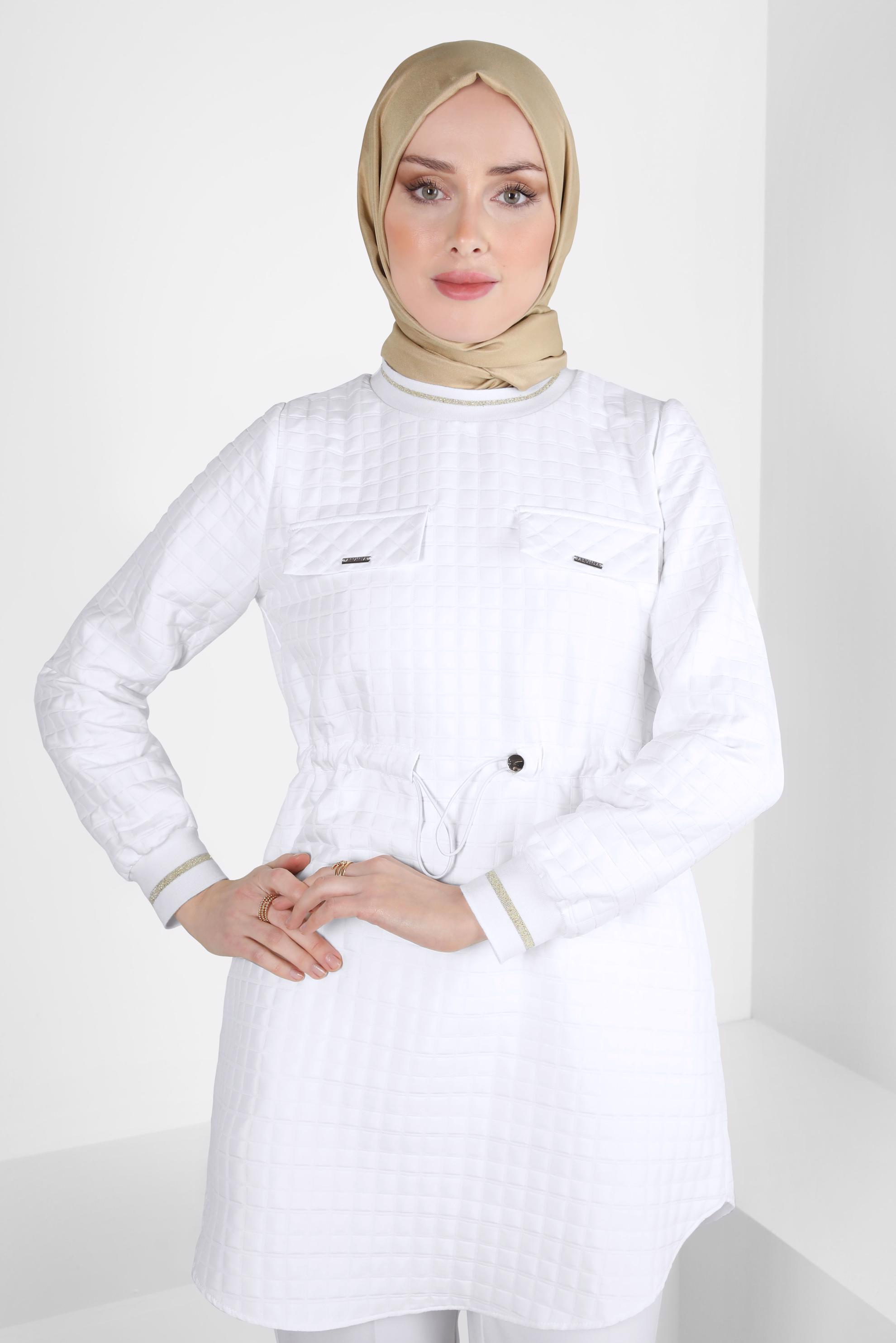 Tesettür giyim BEYAZ BELİ LASTİKLİ TUNİK 44300