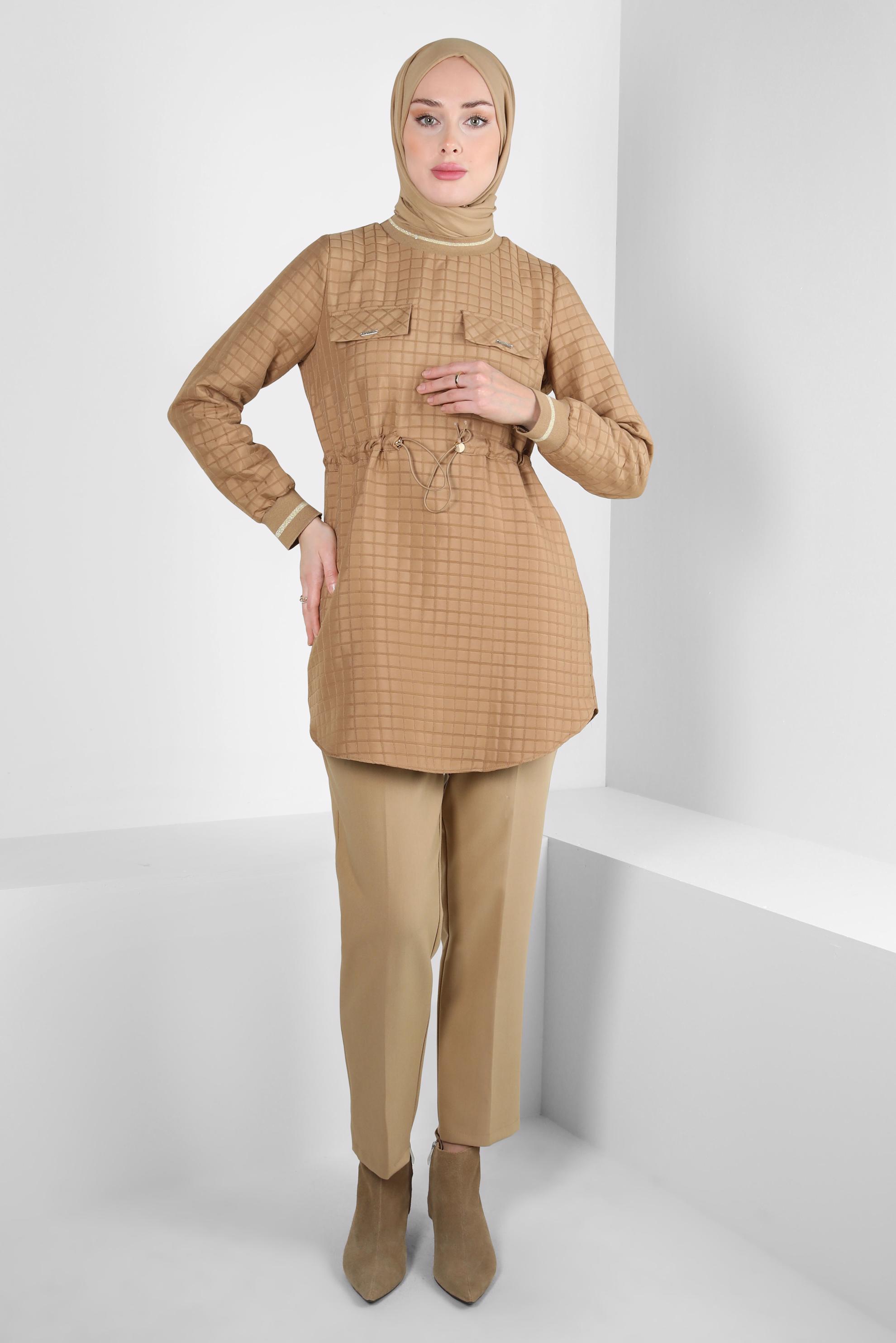 Tesettür giyim KAHVE BELİ LASTİKLİ TUNİK 44300