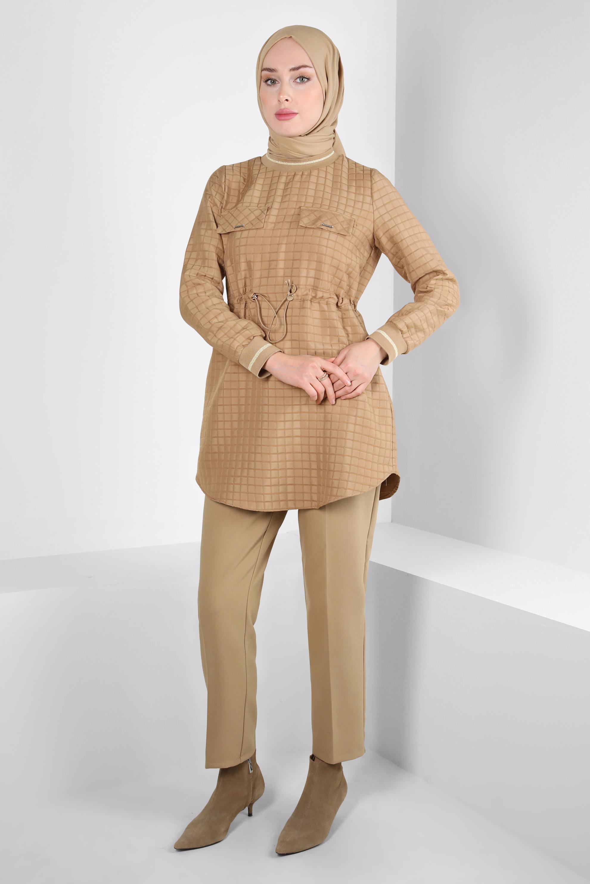 Tesettür giyim KAHVE BELİ LASTİKLİ TUNİK 44300