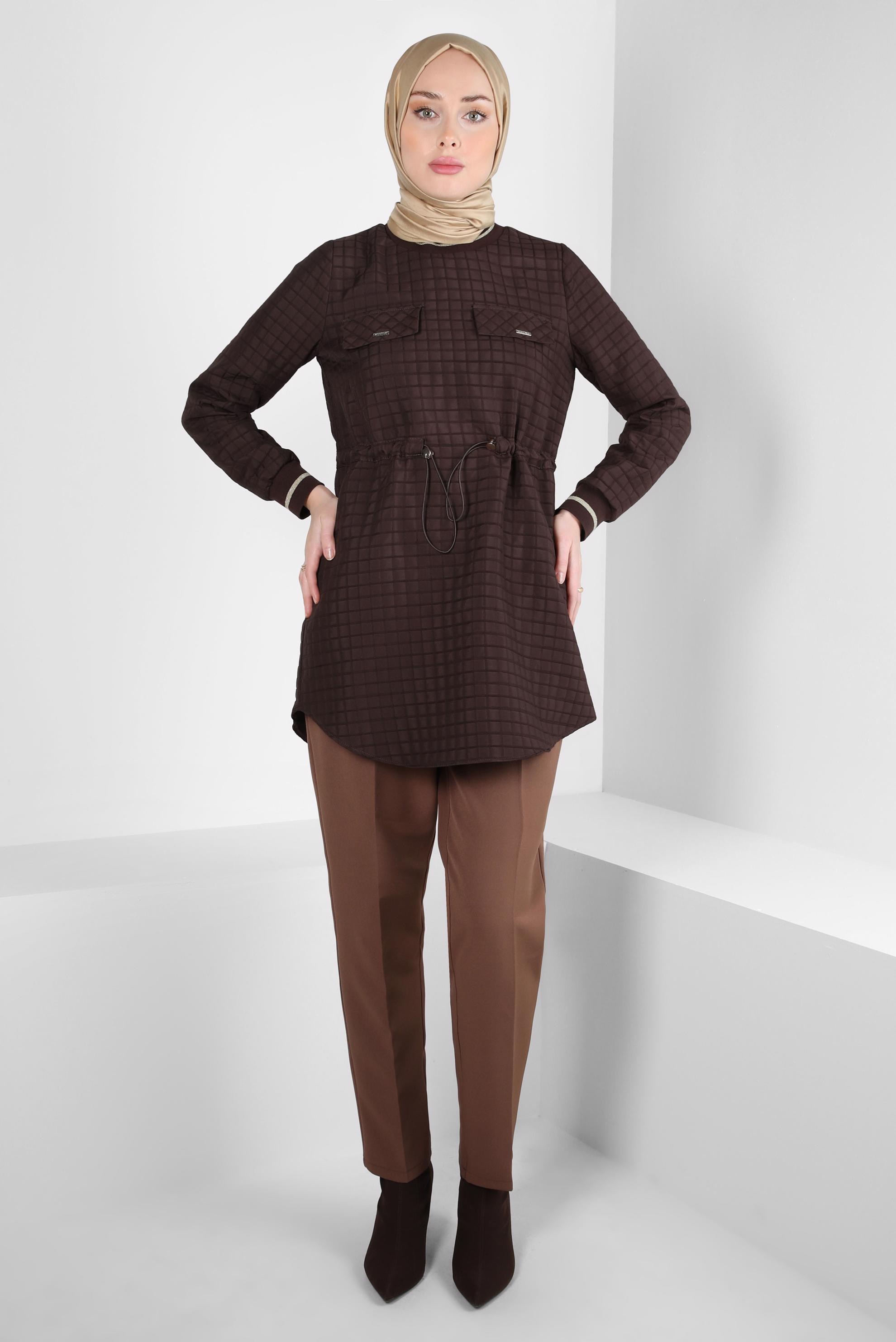 Tesettür giyim KAHVE BELİ LASTİKLİ TUNİK 44300
