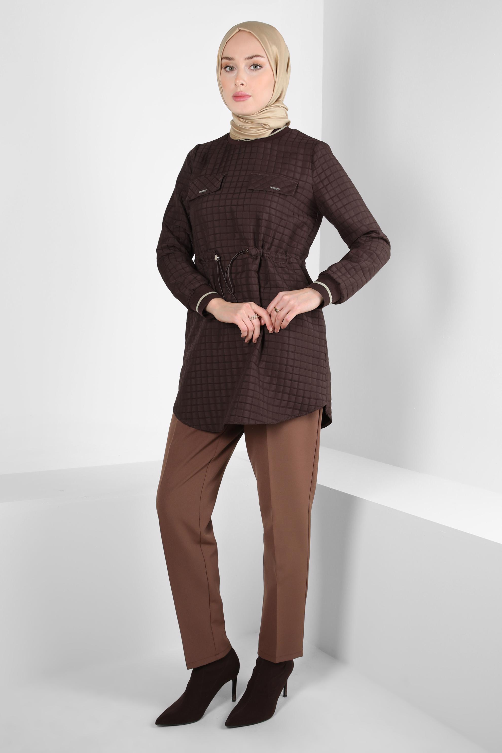 Tesettür giyim KAHVE BELİ LASTİKLİ TUNİK 44300