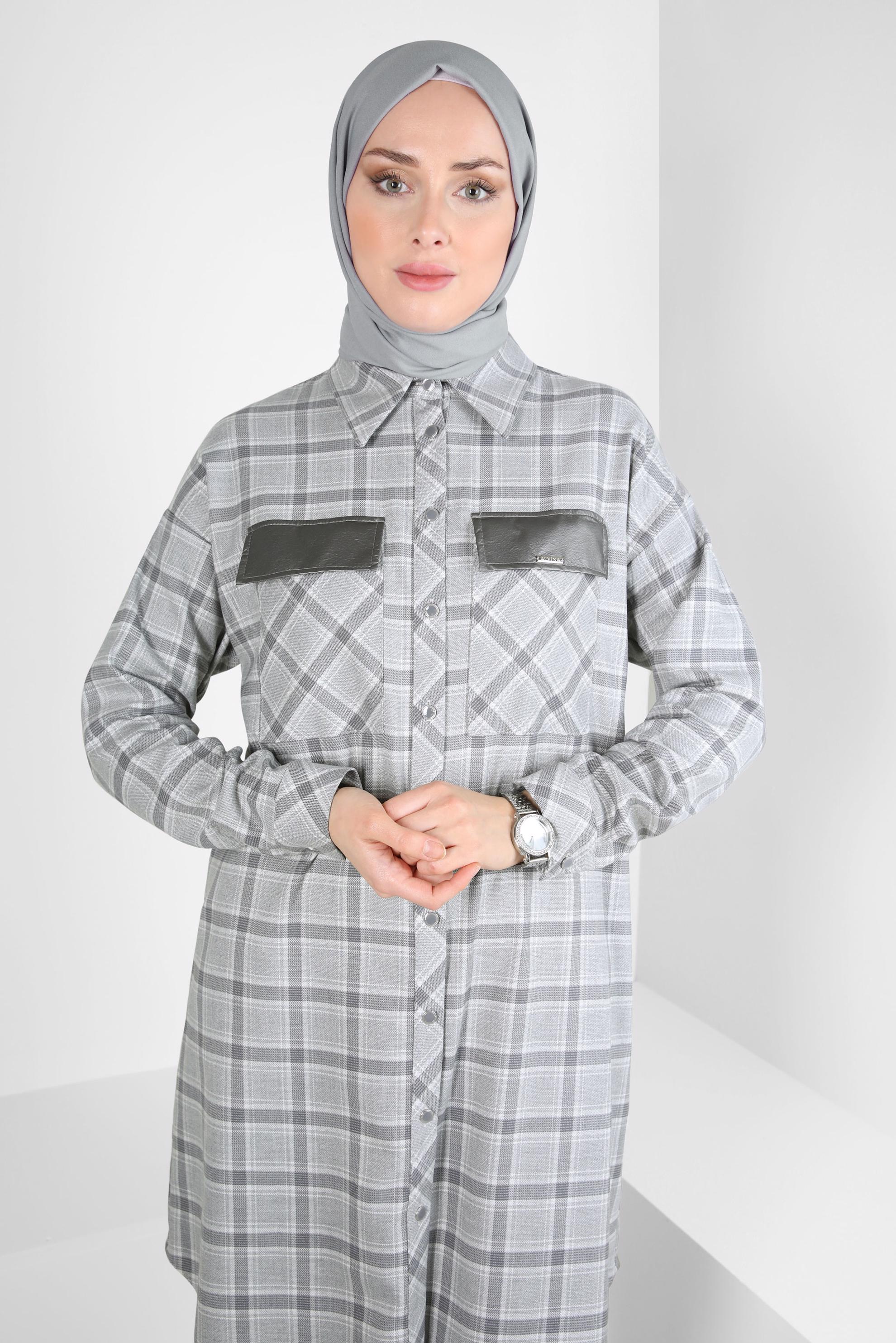 Tesettür giyim GRİ EKOSE DESENLİ TUNİK 44303