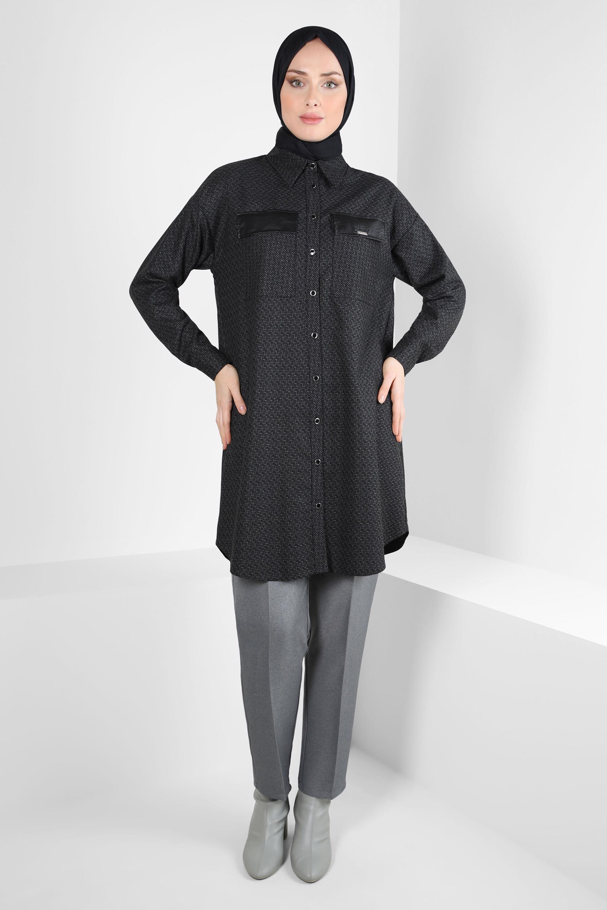 Tesettür giyim SİYAH GÖMLEK YAKA TUNİK 44303-2