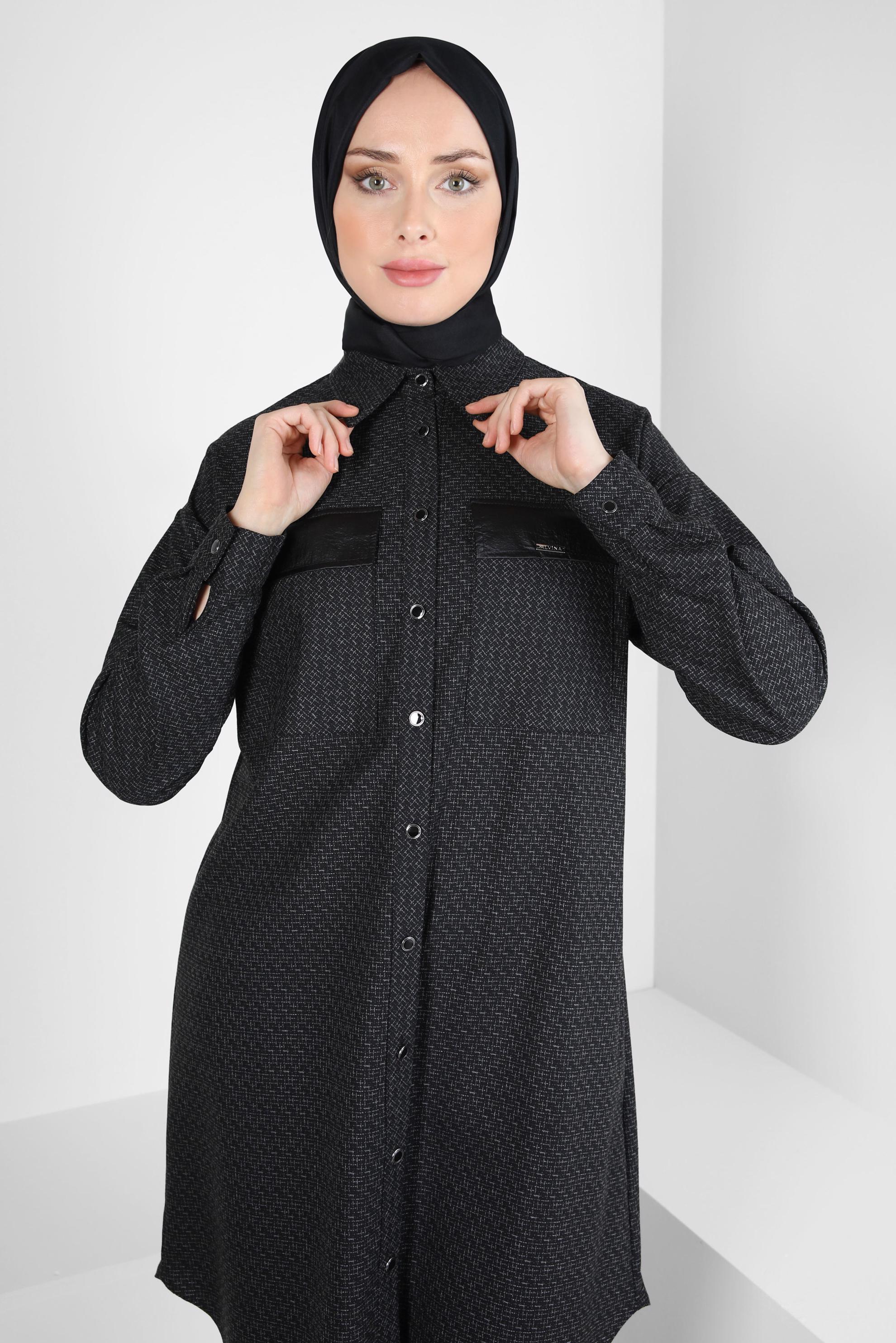 Tesettür giyim SİYAH GÖMLEK YAKA TUNİK 44303-2