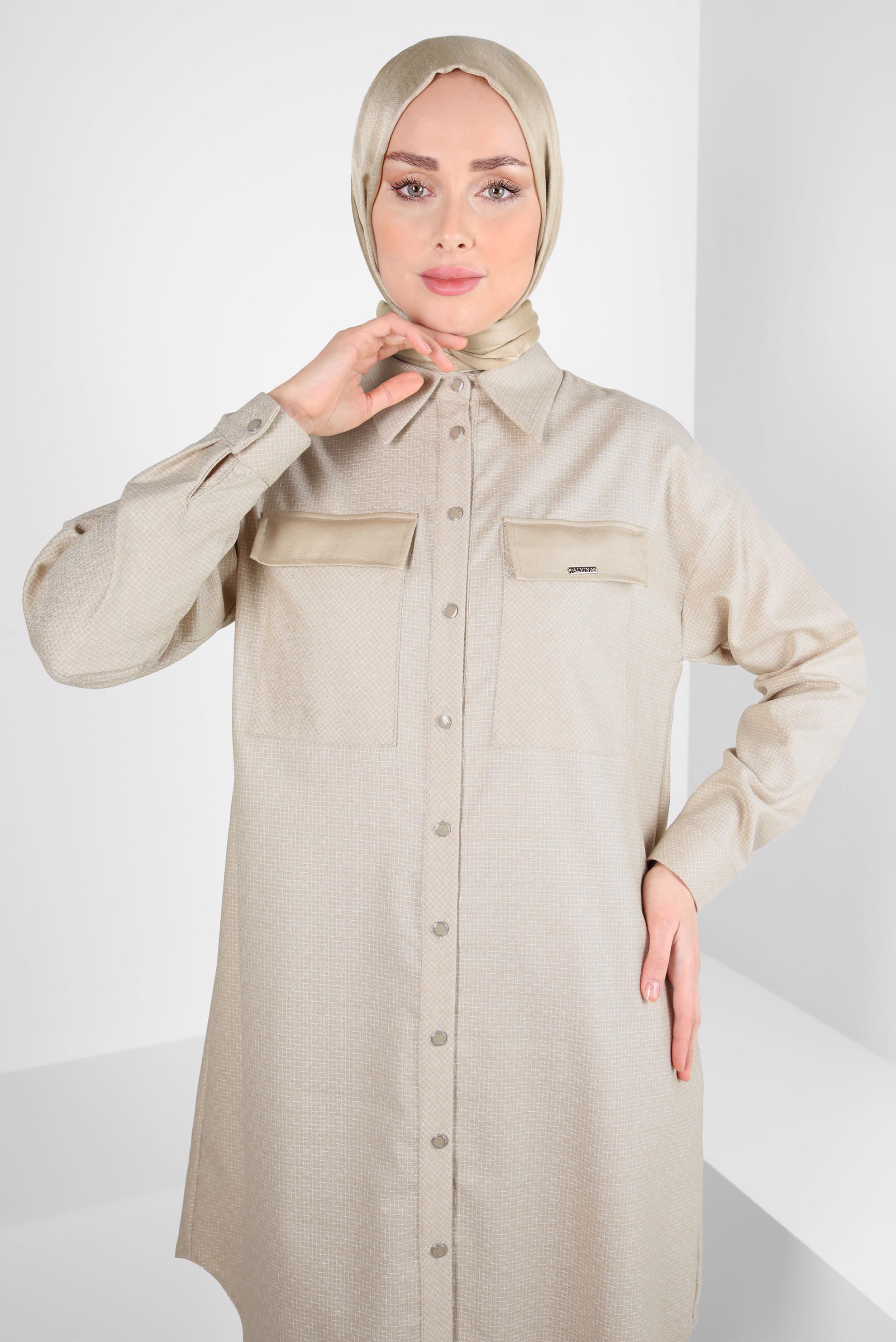 Tesettür giyim BEJ GÖMLEK YAKA TUNİK 44303-2