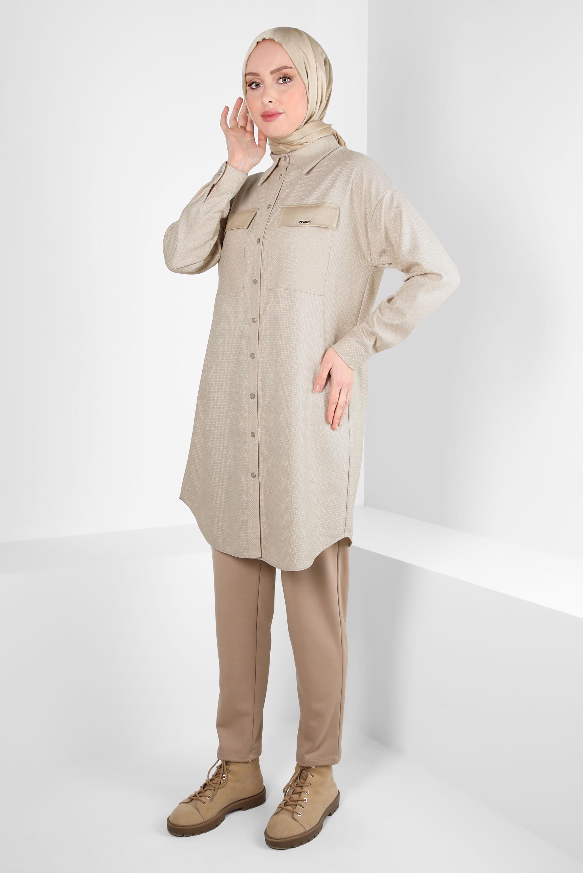 Tesettür giyim BEJ GÖMLEK YAKA TUNİK 44303-2