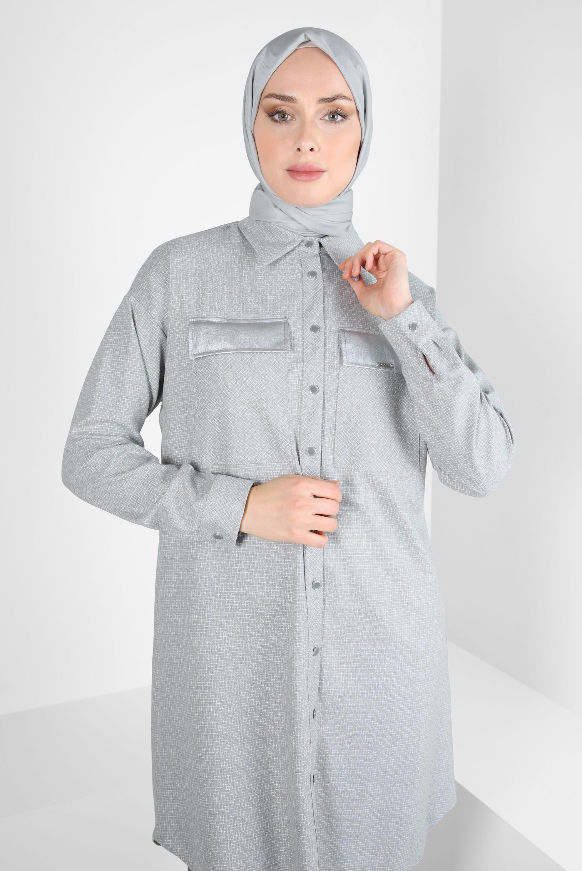 Tesettür giyim GRİ GÖMLEK YAKA TUNİK 44303-2