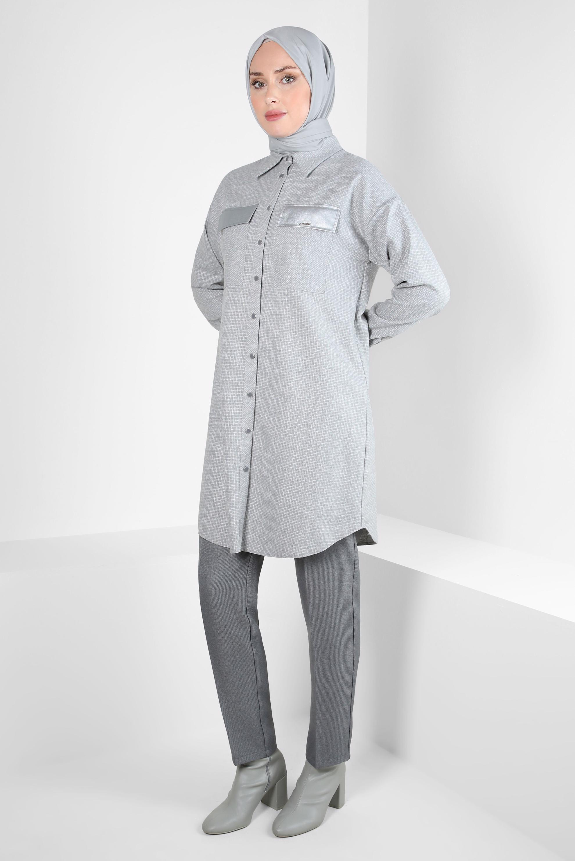 Tesettür giyim GRİ GÖMLEK YAKA TUNİK 44303-2