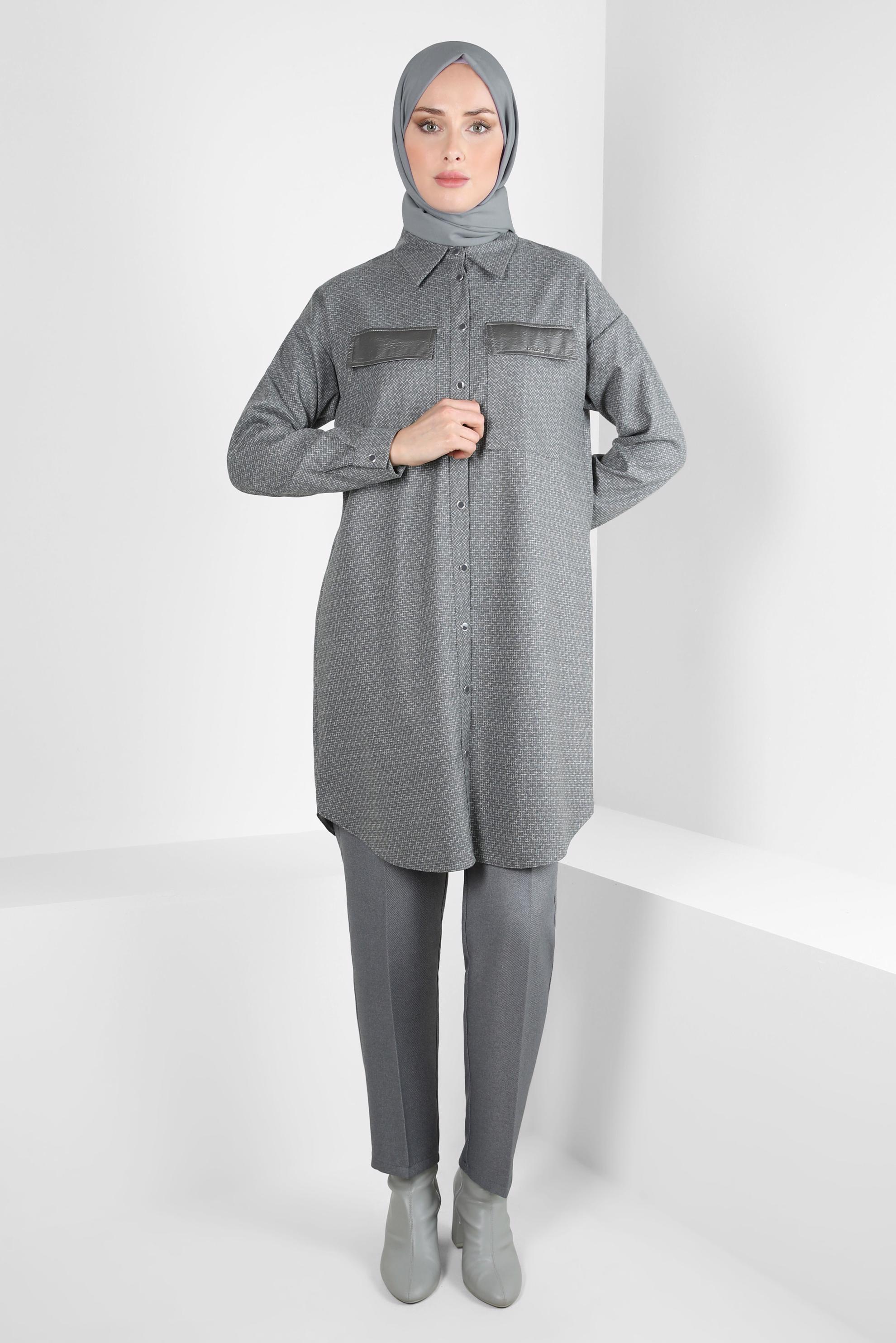 Tesettür giyim GRİ GÖMLEK YAKA TUNİK 44303-2