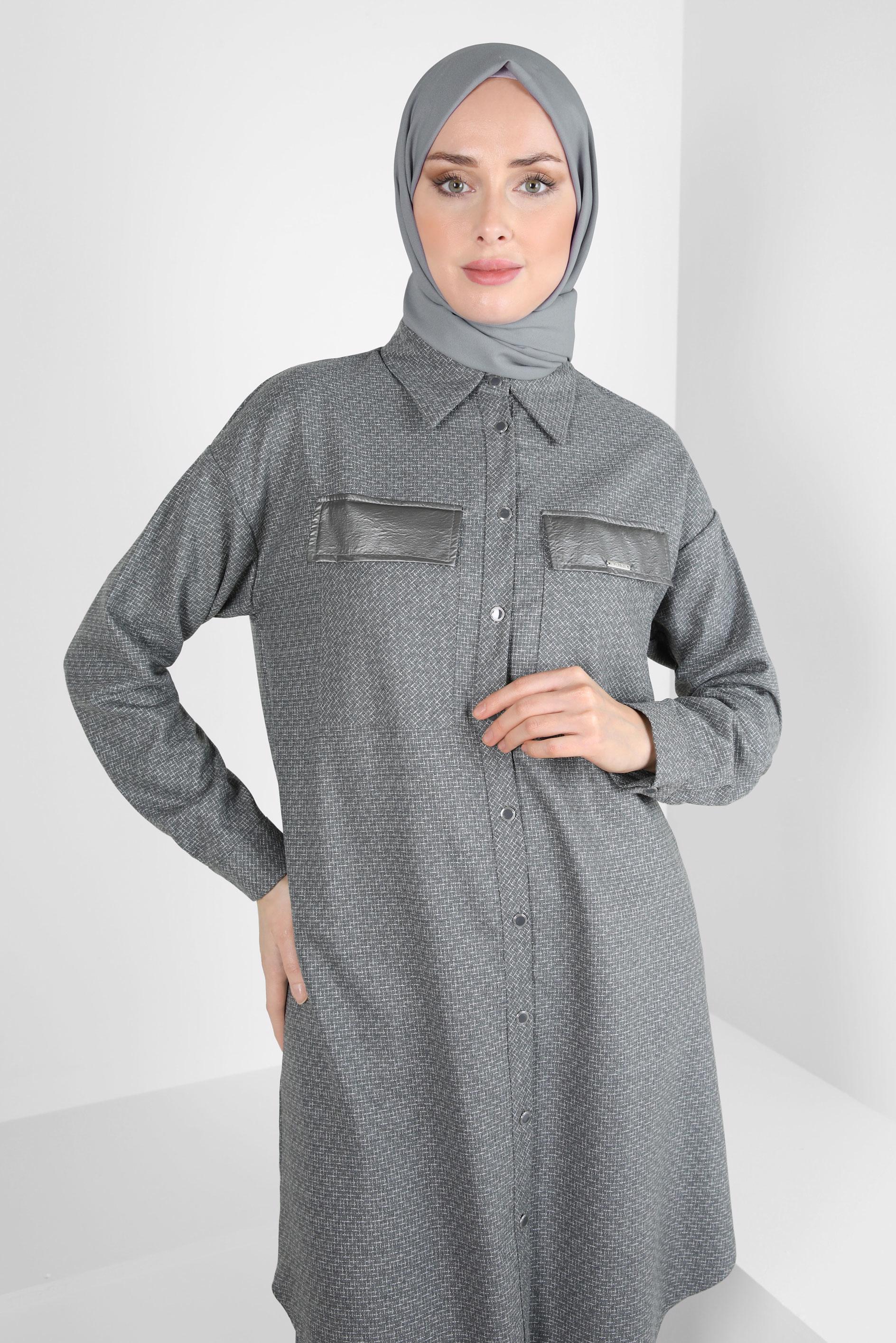Tesettür giyim GRİ GÖMLEK YAKA TUNİK 44303-2