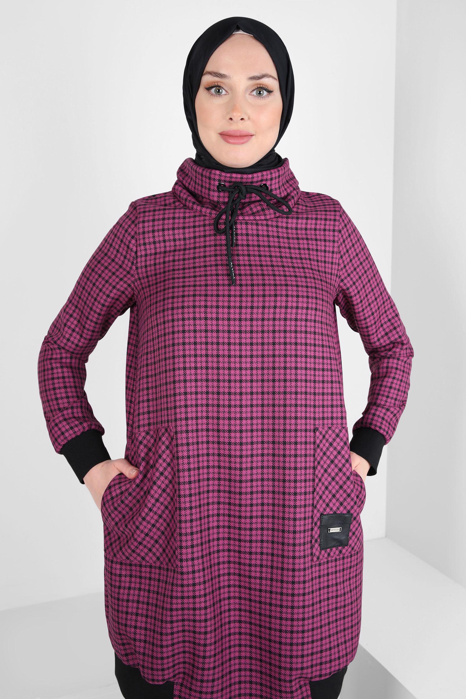 Tesettür giyim FUŞYA YAKASI BAĞLAMA DETAYLI TUNİK 44304