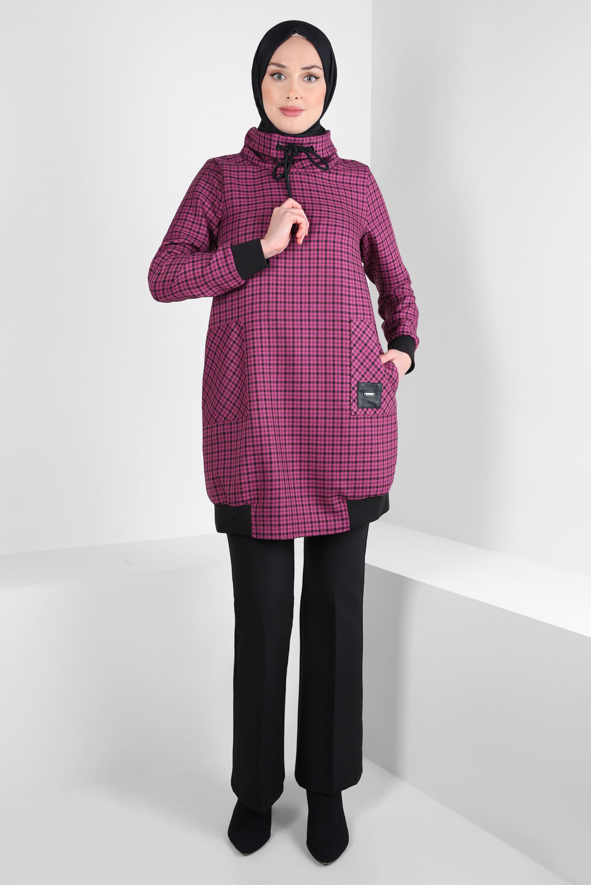 Tesettür giyim FUŞYA YAKASI BAĞLAMA DETAYLI TUNİK 44304