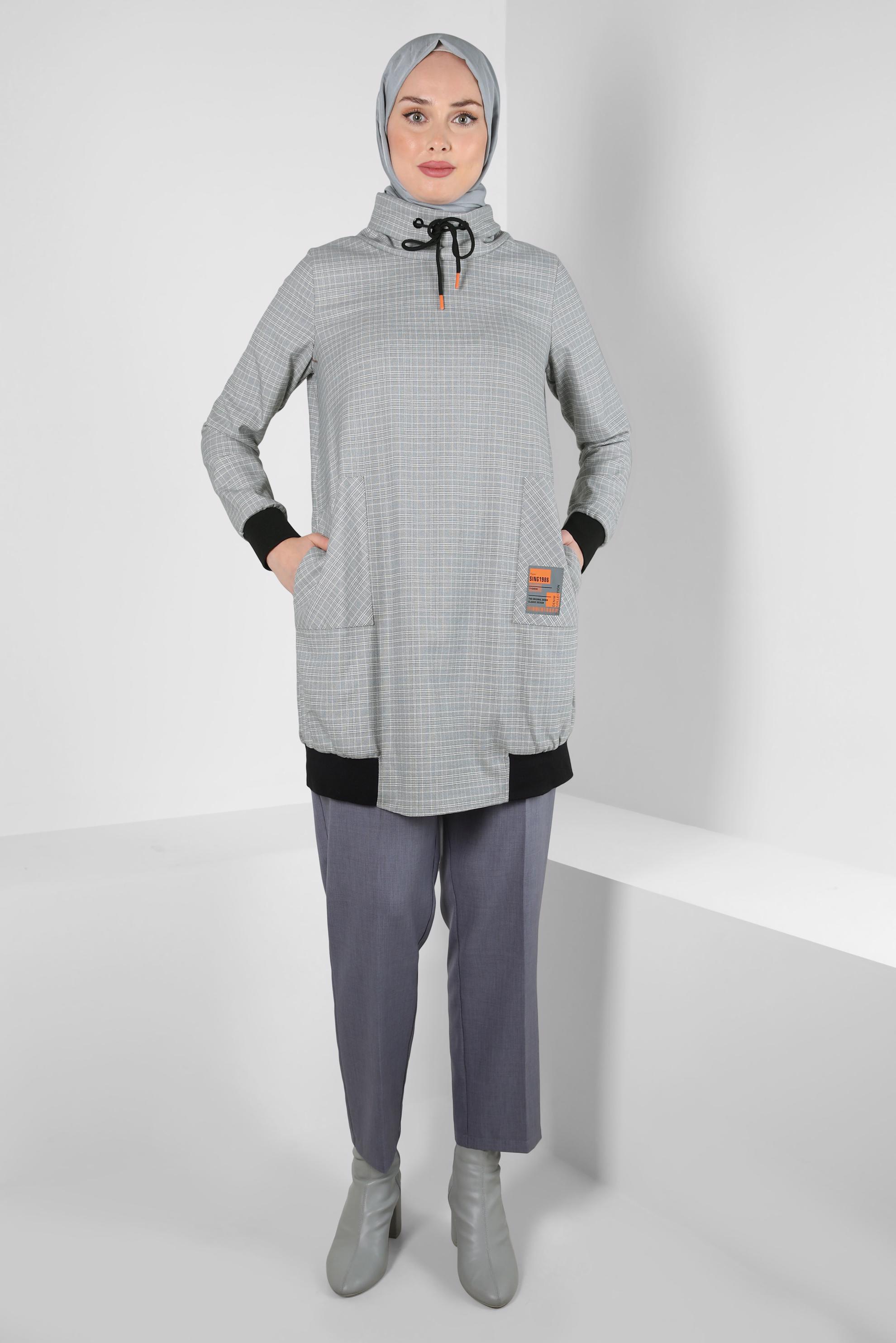 Tesettür giyim GRİ YAKASI BAĞLAMA DETAYLI TUNİK 44304-2